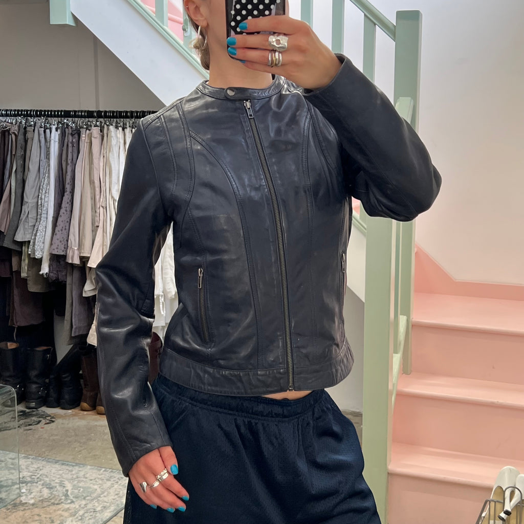 Naf Naf navy leather biker jacket