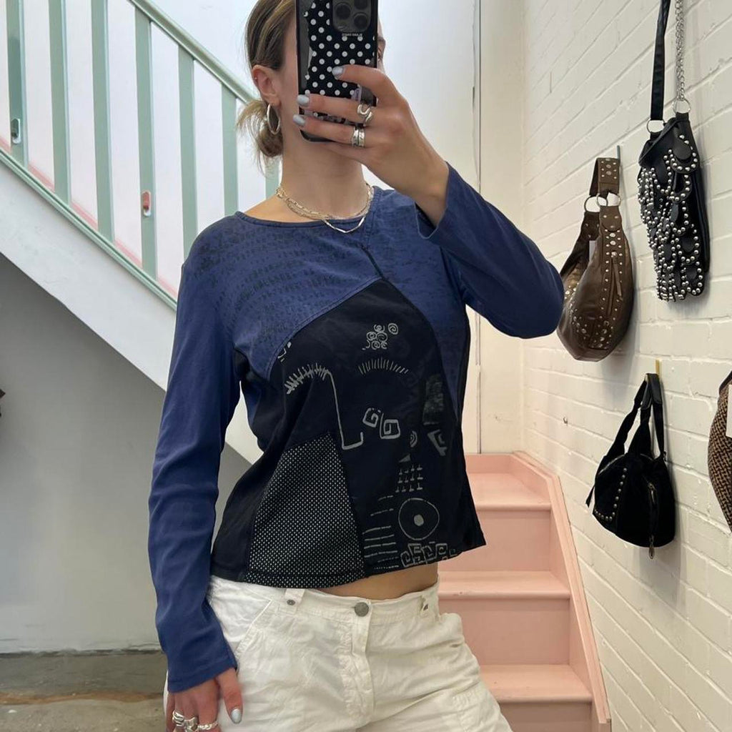 Navy and black graphic print long sleeve top