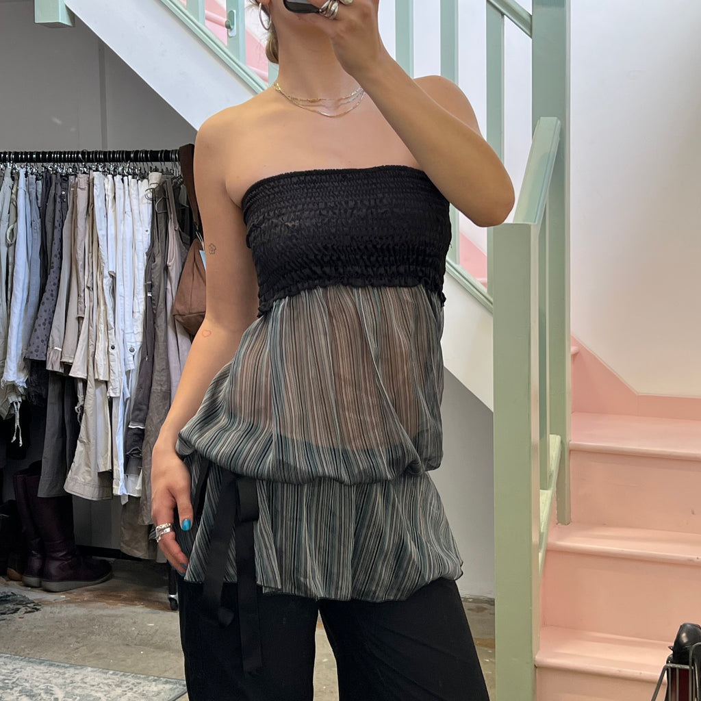 Sheer stripey drop waist strapless top
