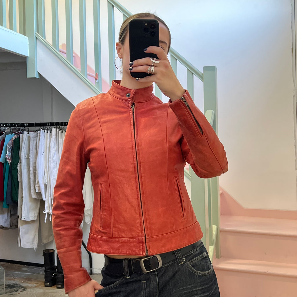 Red zip up leather jacket