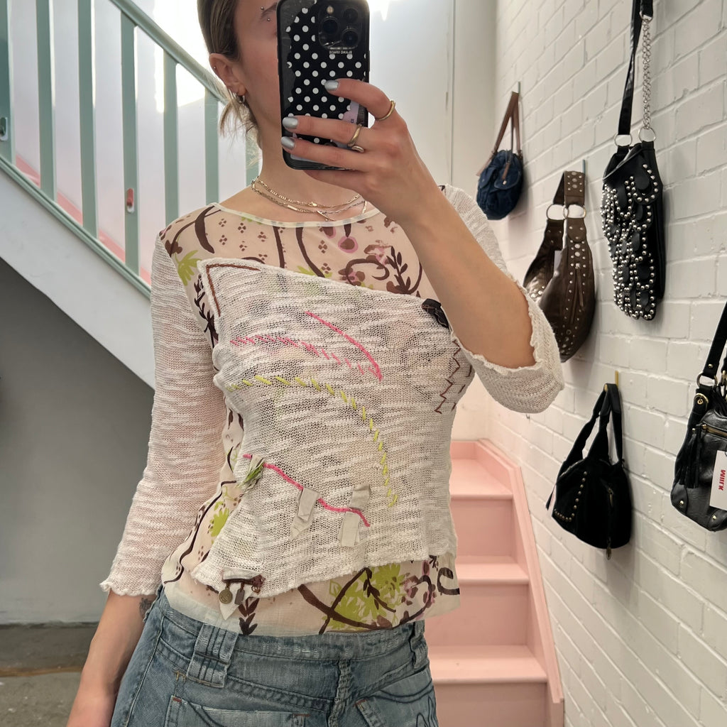 White mesh printed top with stitching detail
