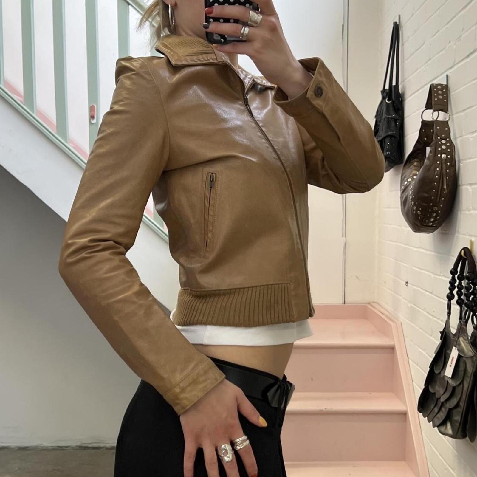 Tan brown real leather zip up fitted bomber jacket