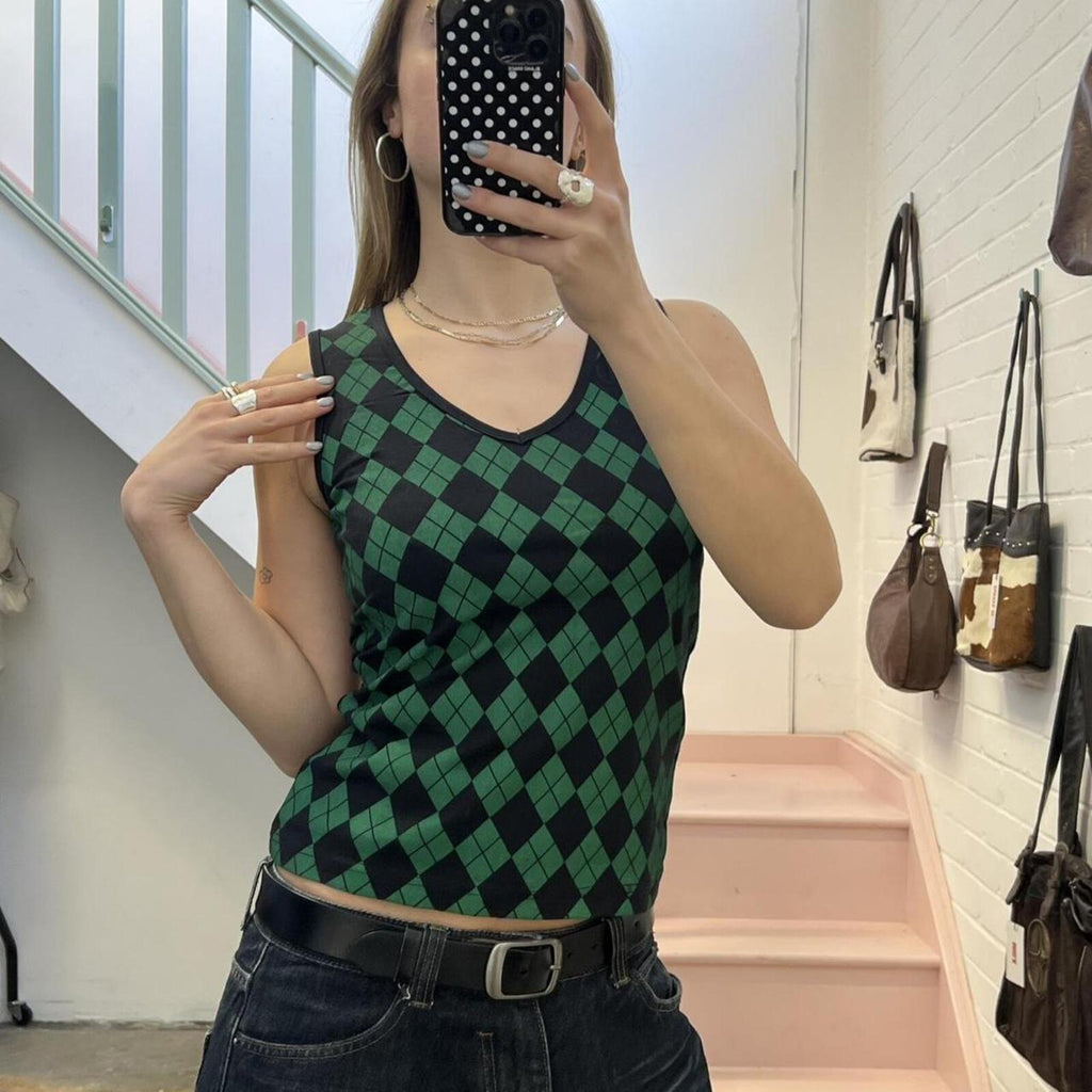 green and black checkered fitted vintage v neck vest top