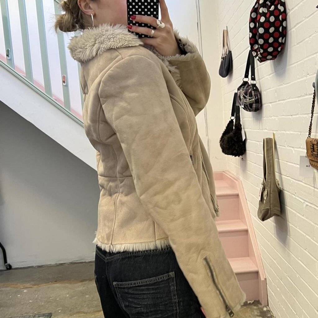 Esprit cream faux suede faux fur lined zip up fitted teddy coat
