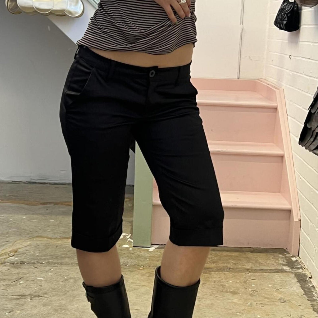 Black satin pinstripe tailored fitted low rise shorts