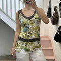 green brown and white graphic print vintage vest top with drop waistband