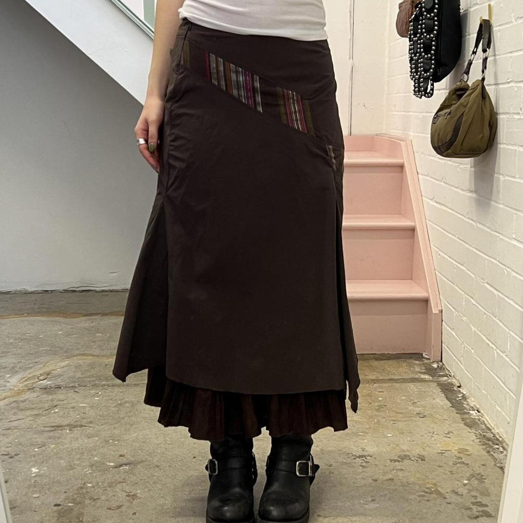 Promod brown layered cargo vintage maxi skirt with stripe patchwork detail