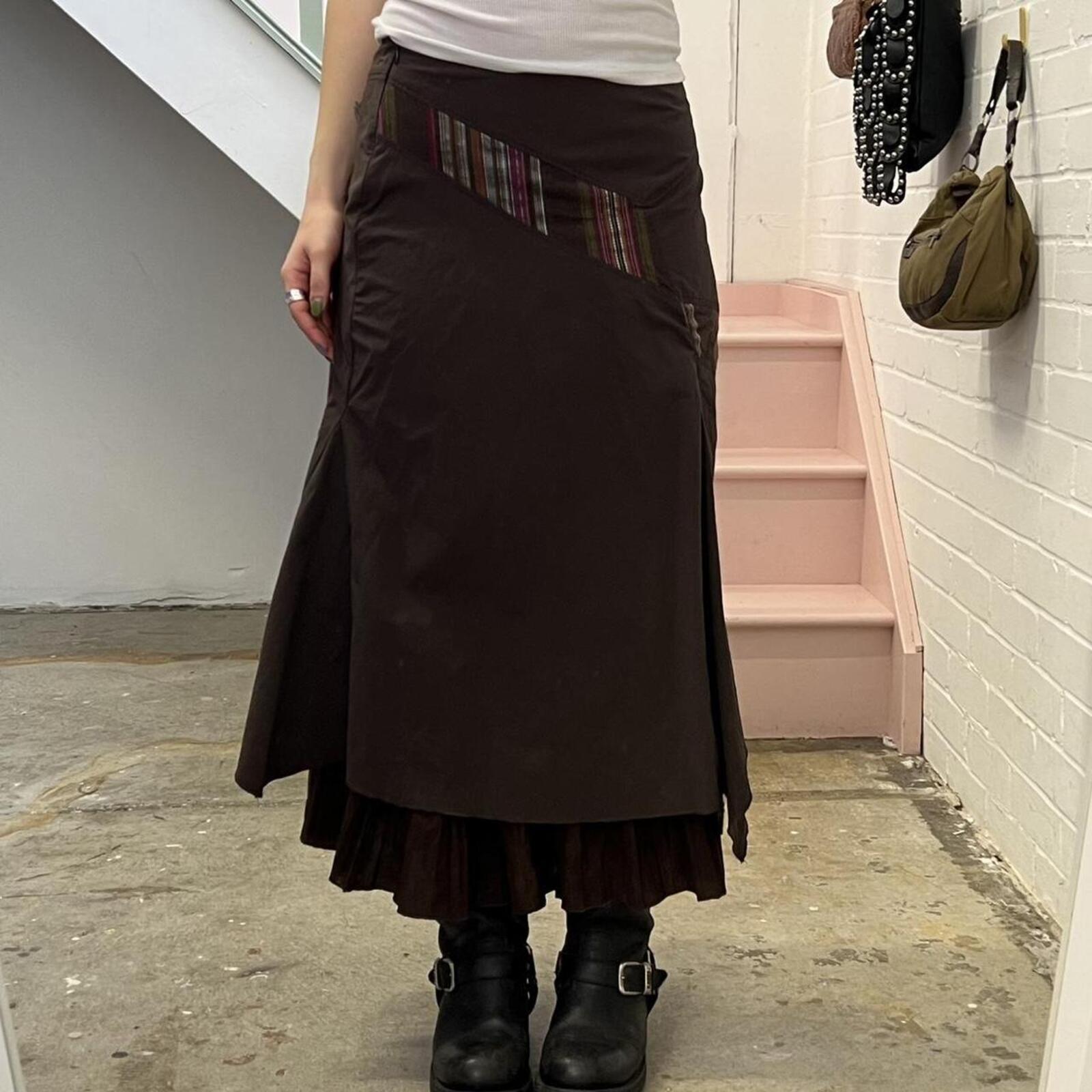 Promod brown layered cargo vintage maxi skirt with stripe patchwork detail