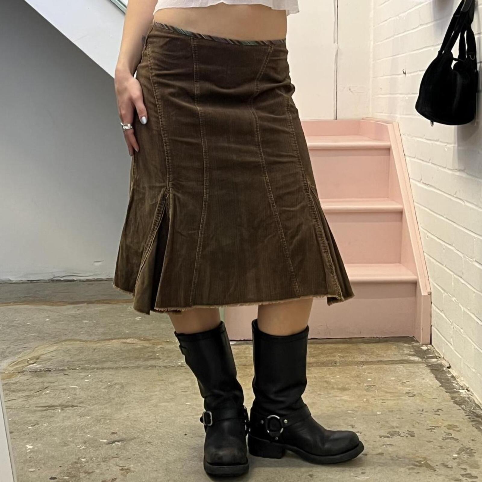 brown corduroy fitted flared vintage midi skirt