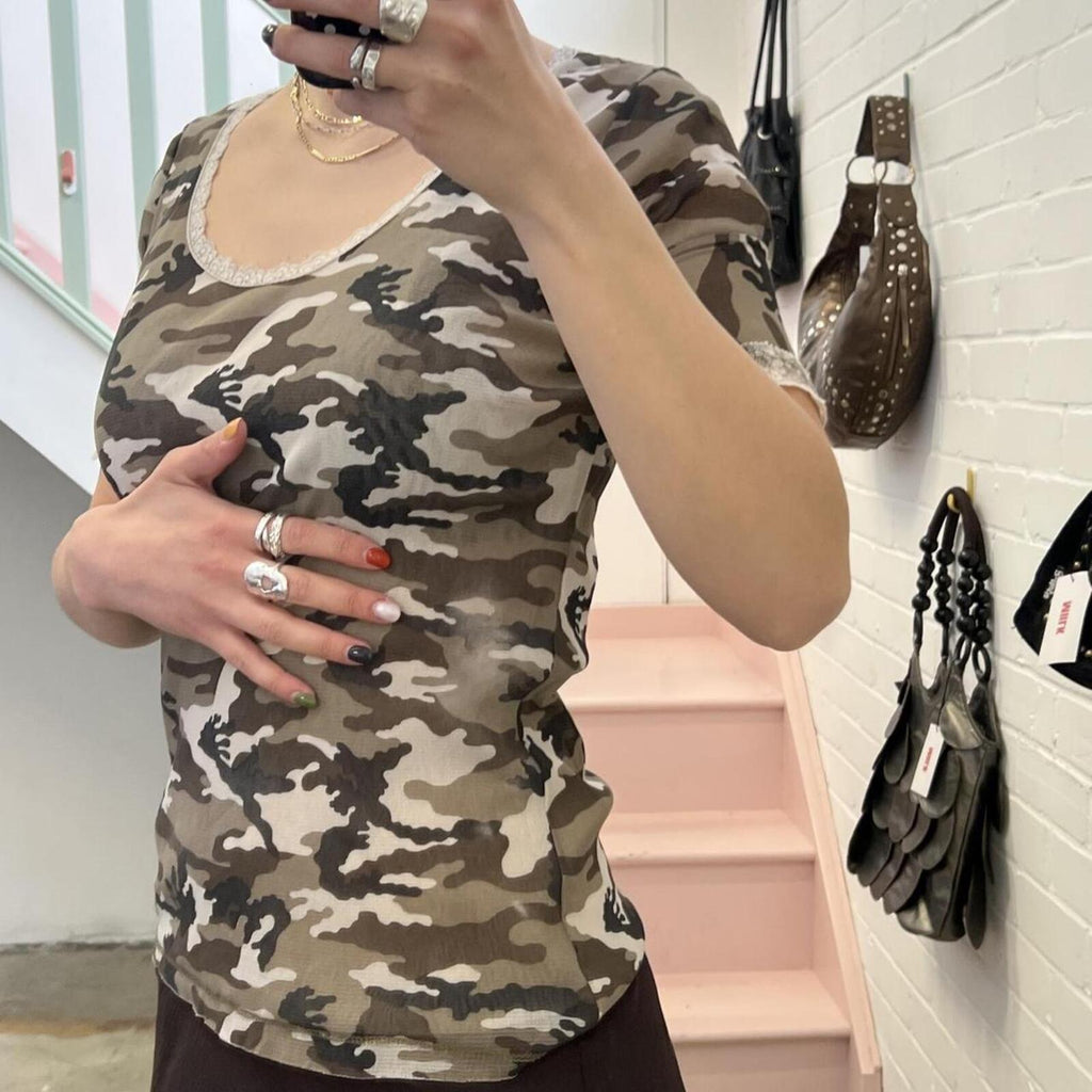 Khaki mesh camo print lace trim fitted vintage top
