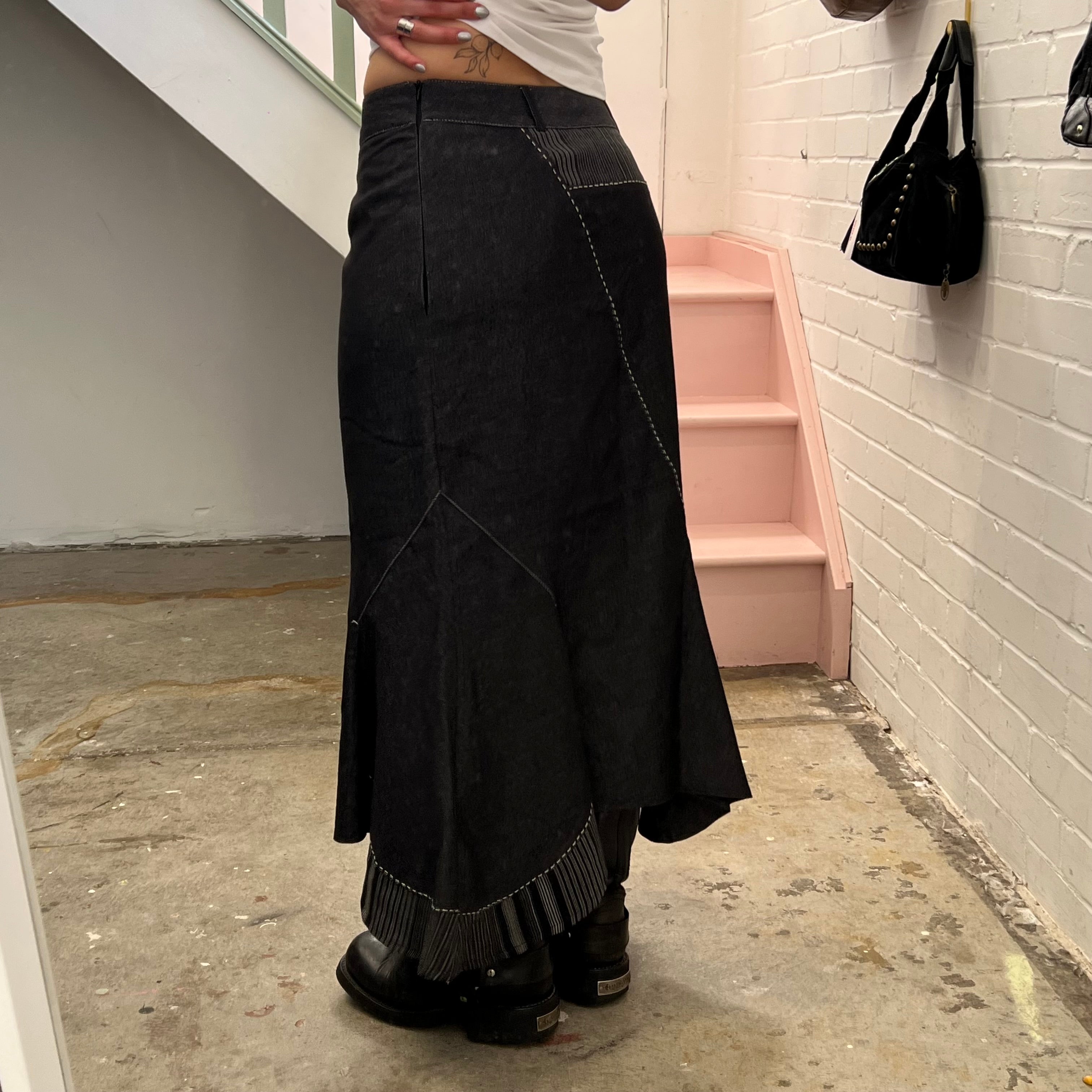 Denim patchwork utility style maxi skirt