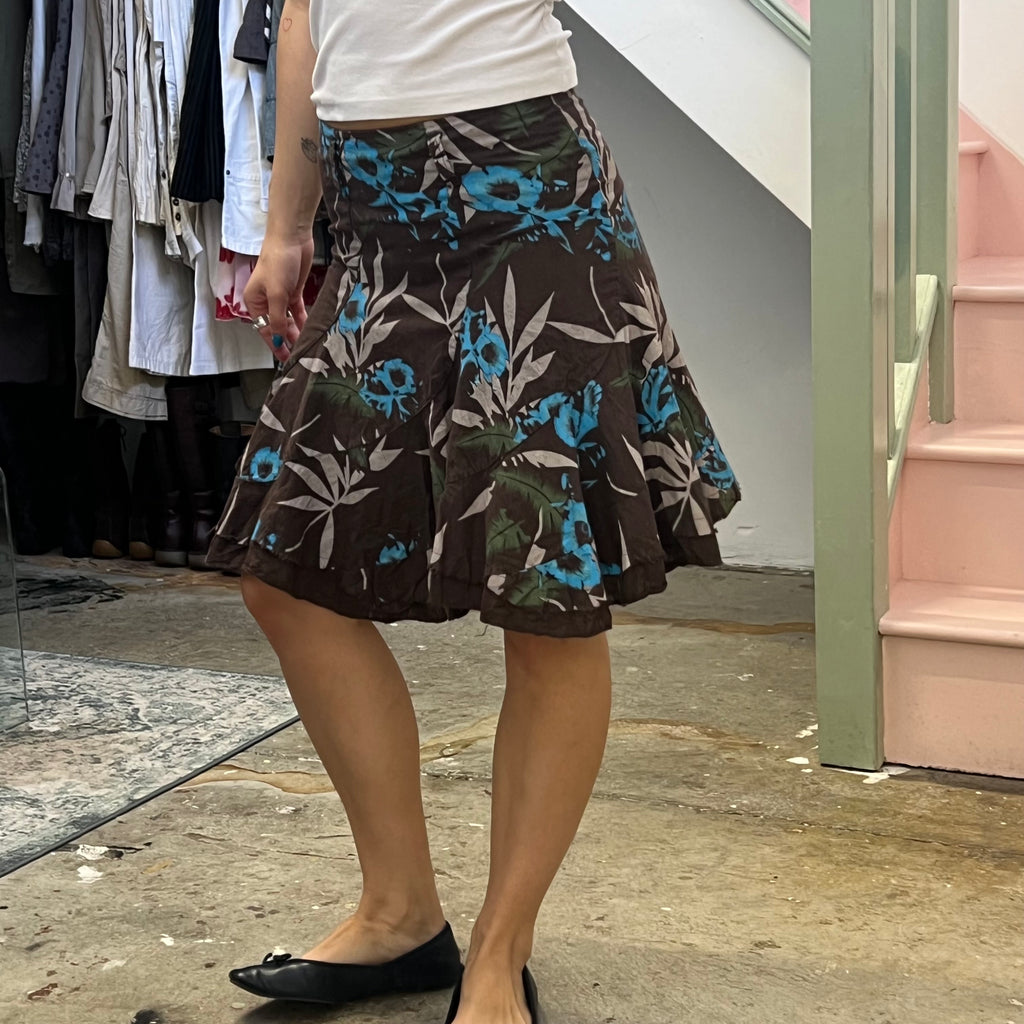 Brown blue and green floral pleated midi skirt
