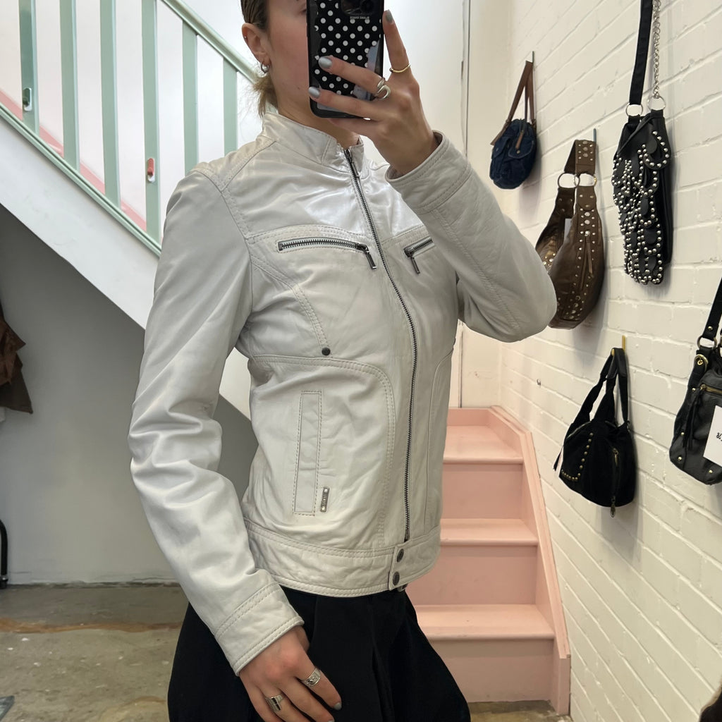 White zip up leather biker jacket