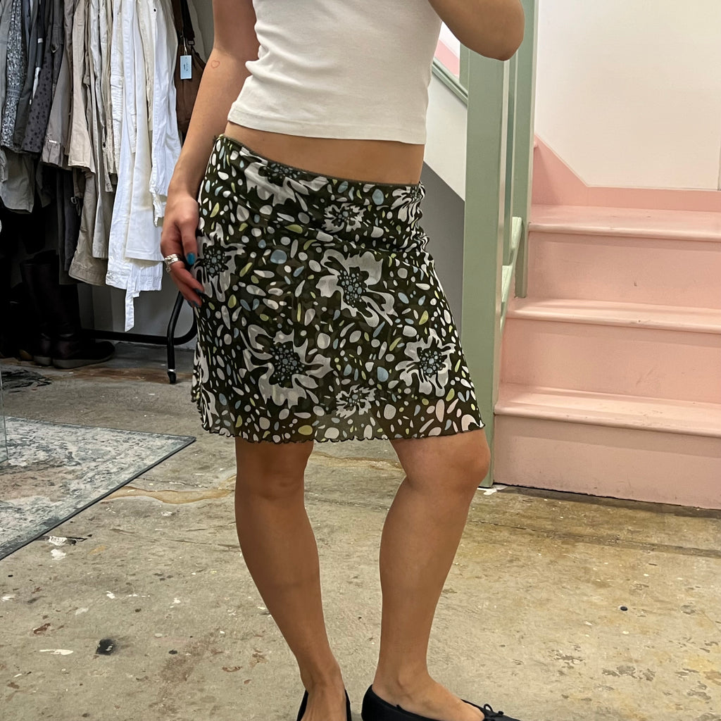 Khaki printed mesh knee high skirt