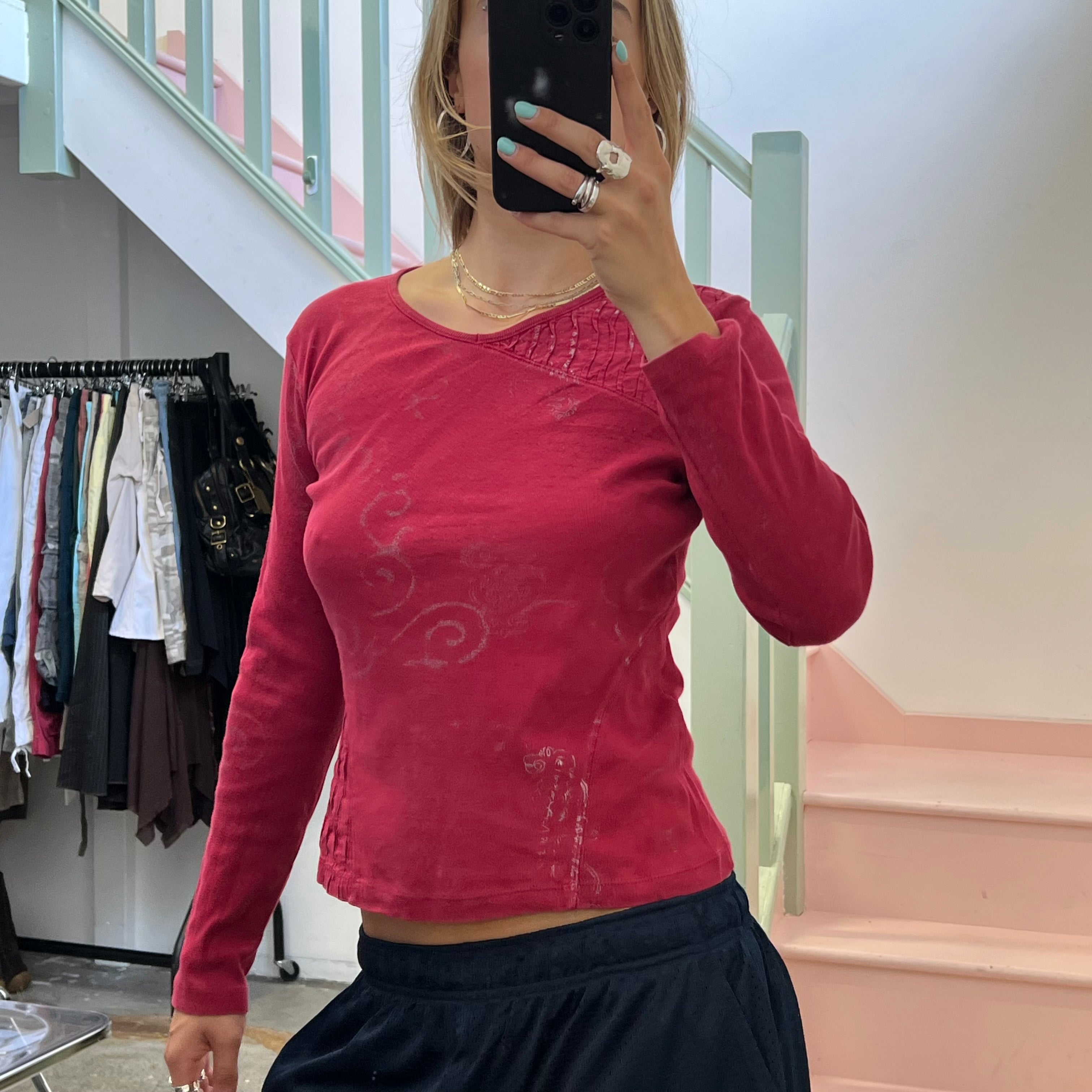 Affinites red graphic print long sleeve top