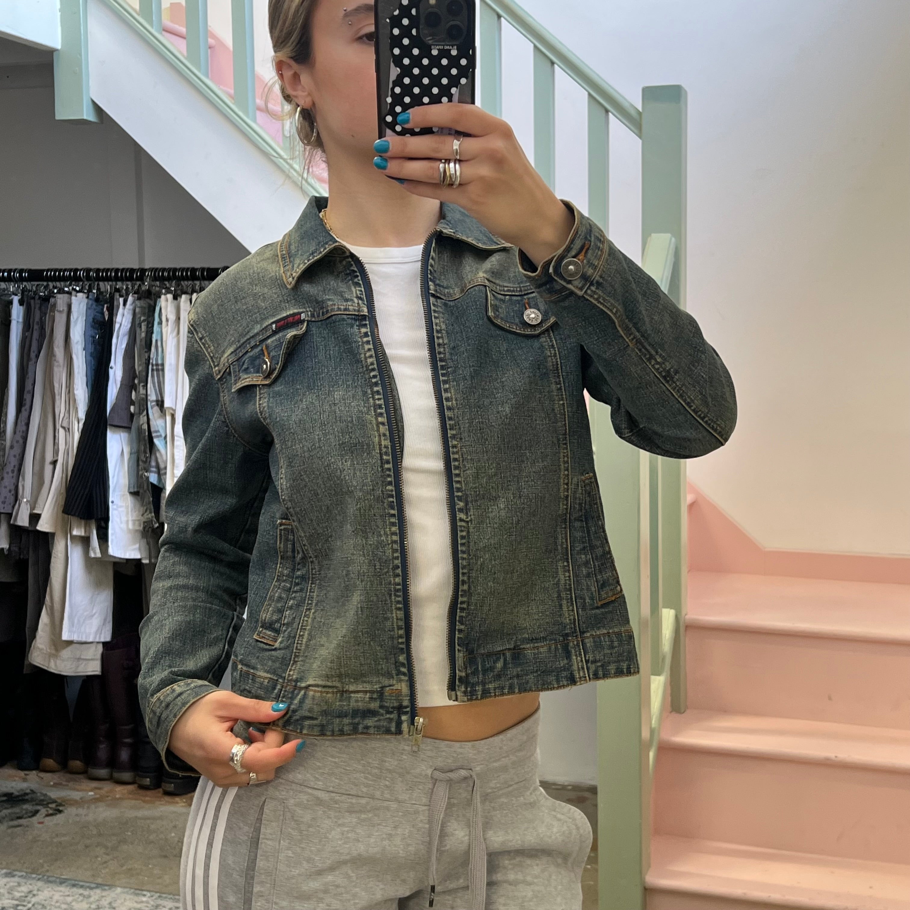 Acid wash zip up denim jacket