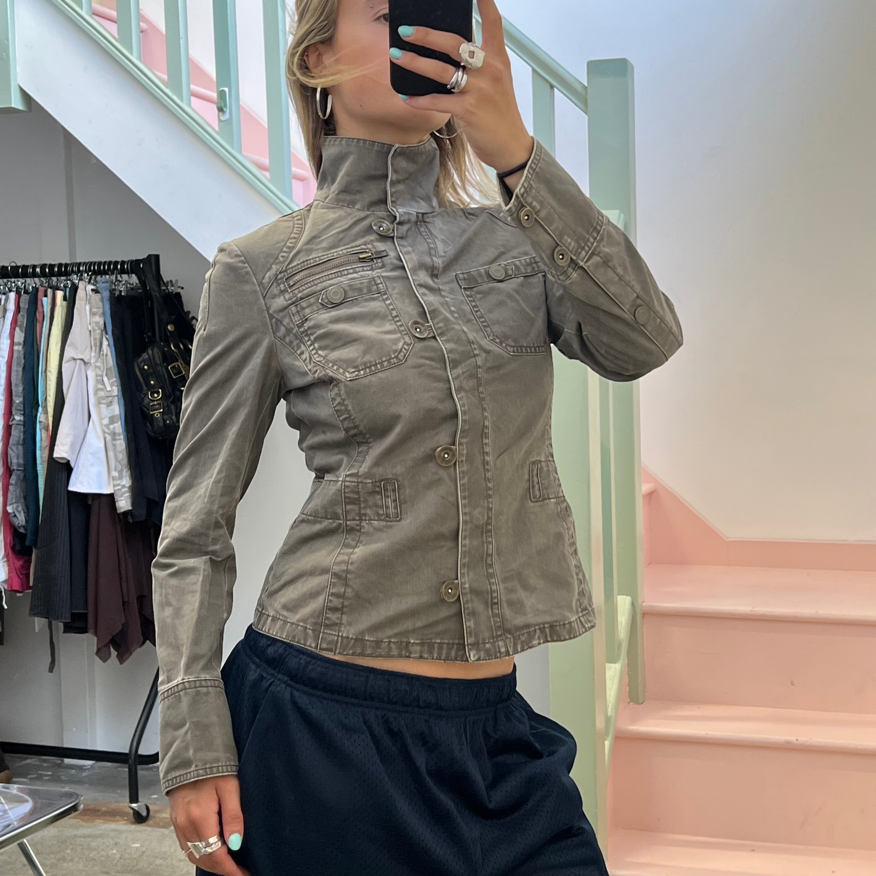 Mexx khaki fitted button up utility style jacket