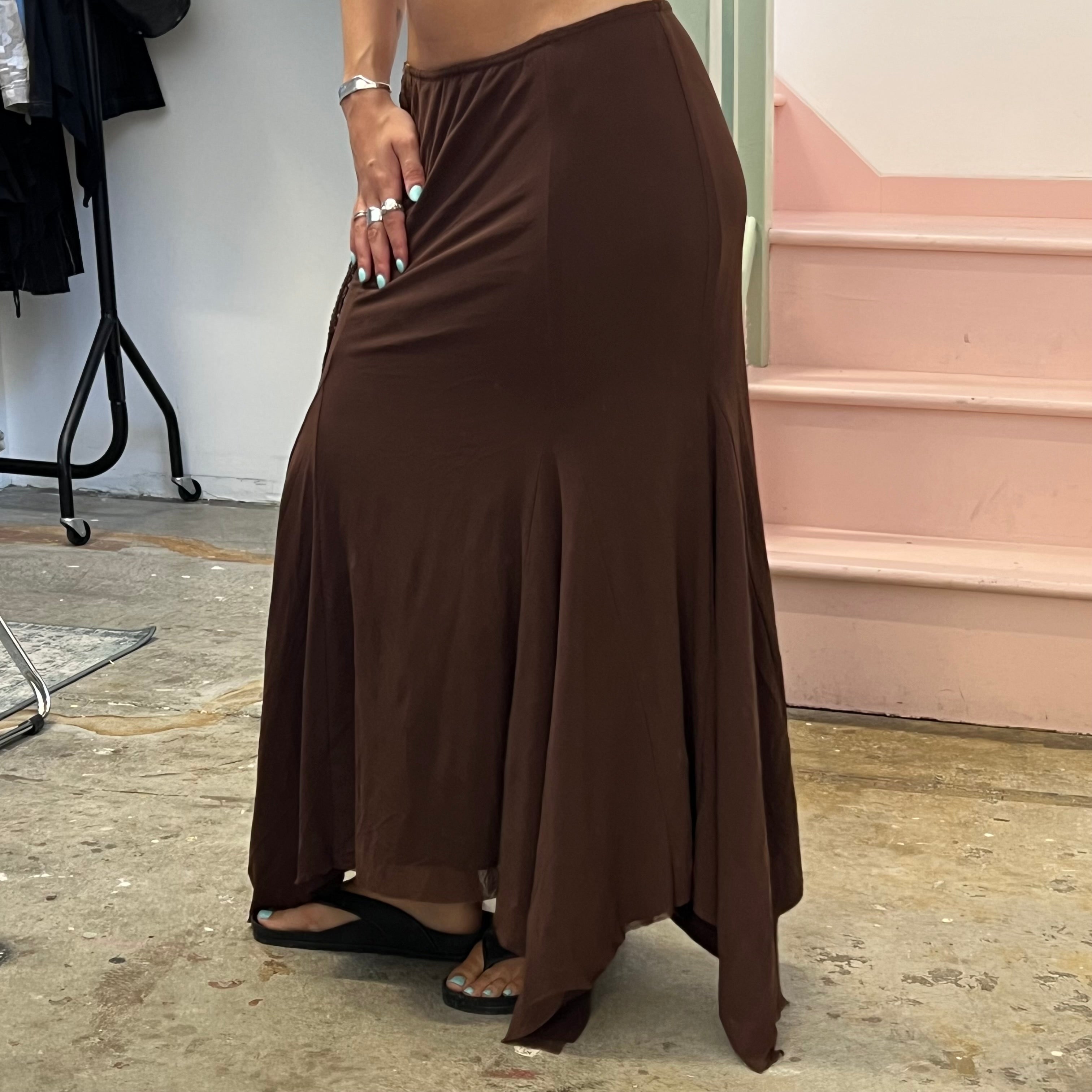 Brown slinky asymmetrical maxi skirt