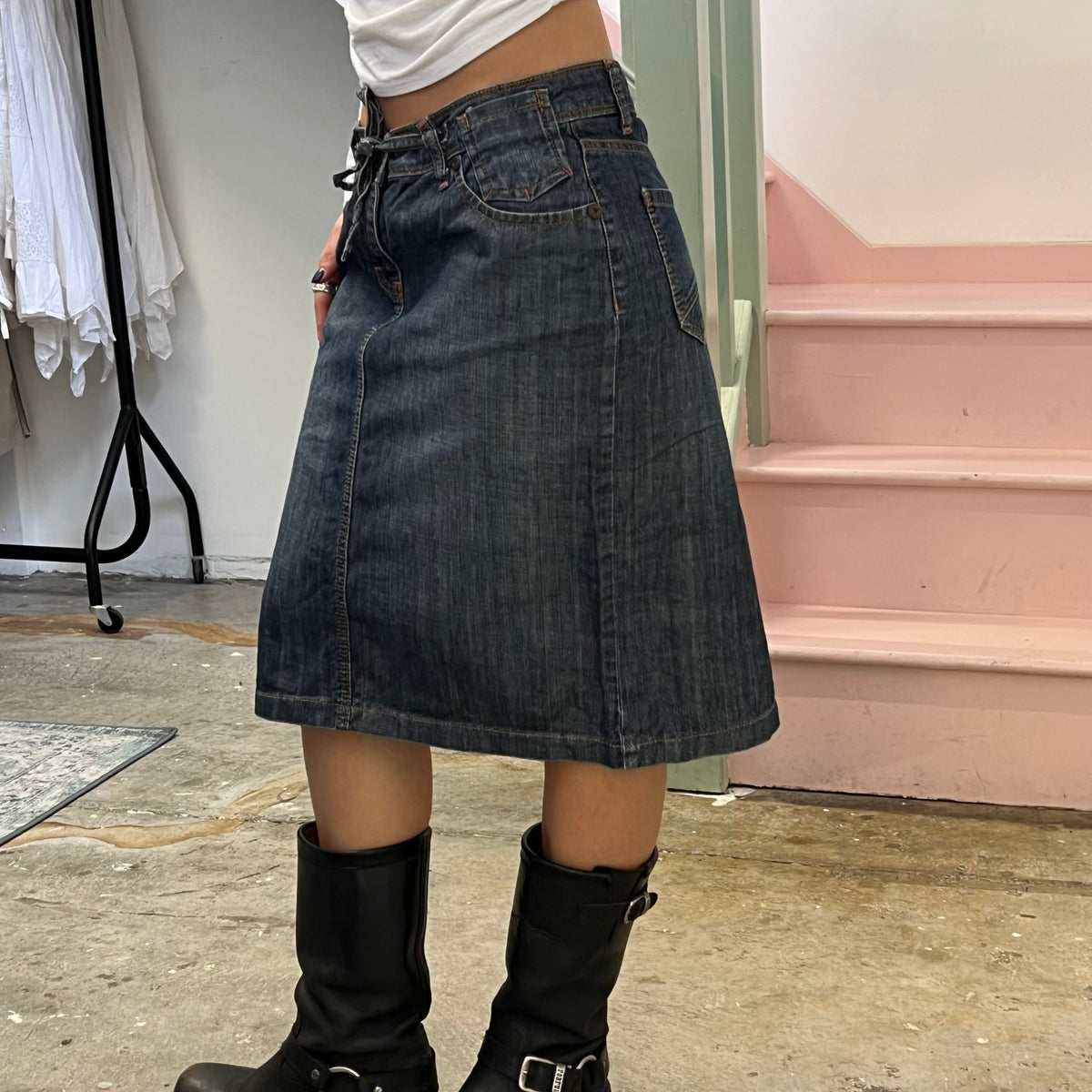 Dark wash denim tie waist midi skirt