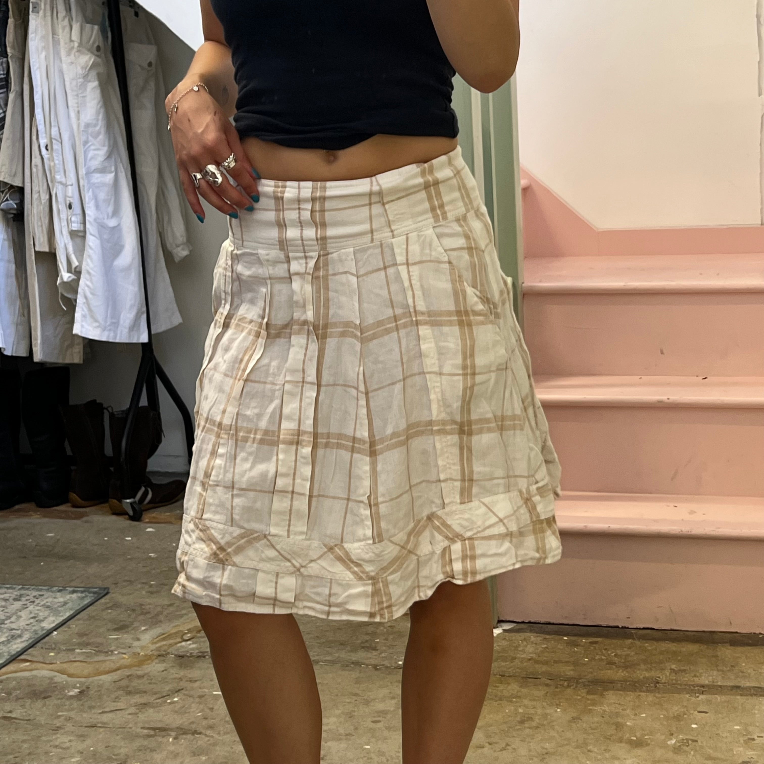 White and brown checkered linen midi skirt