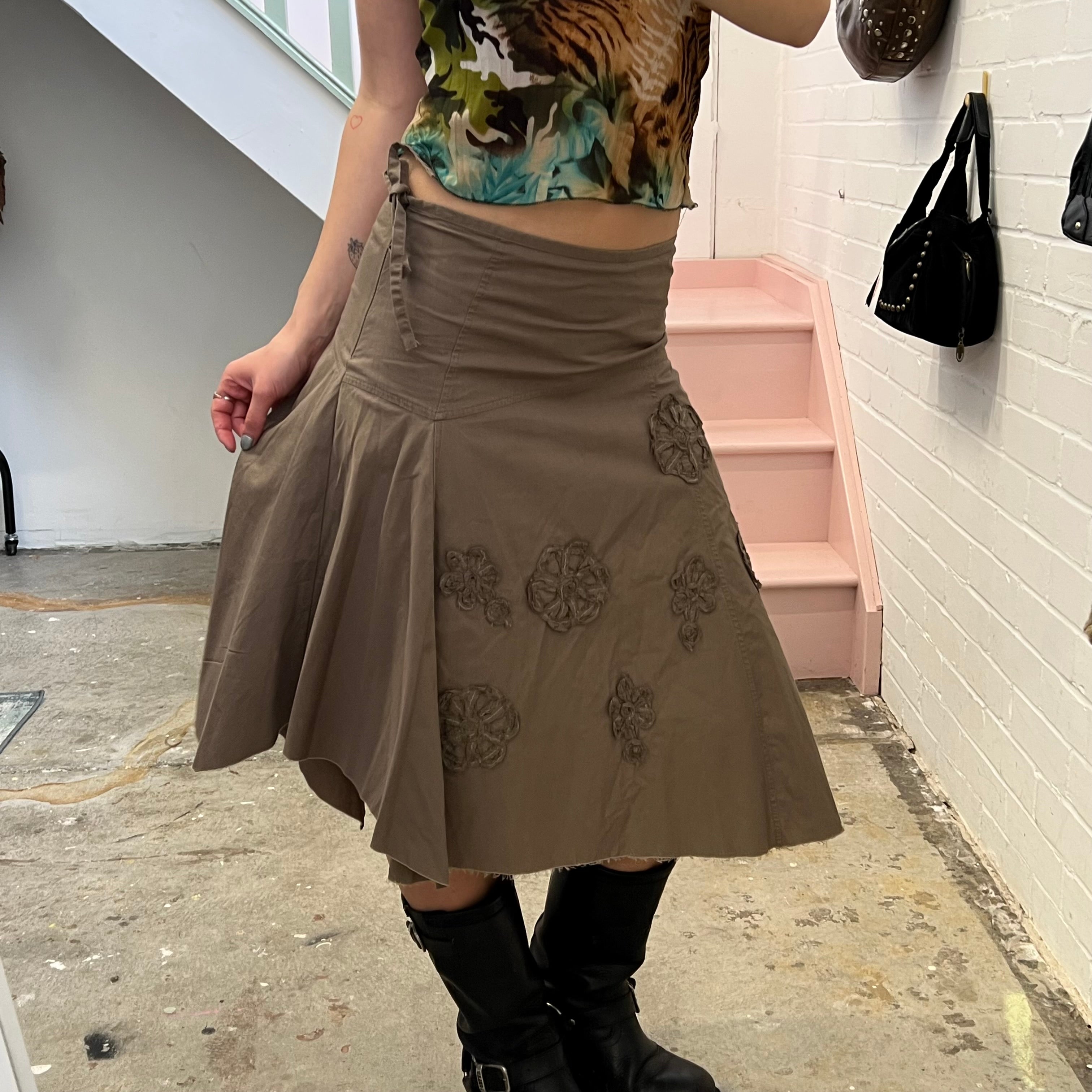 Khaki embroidered asymmetrical midi skirt