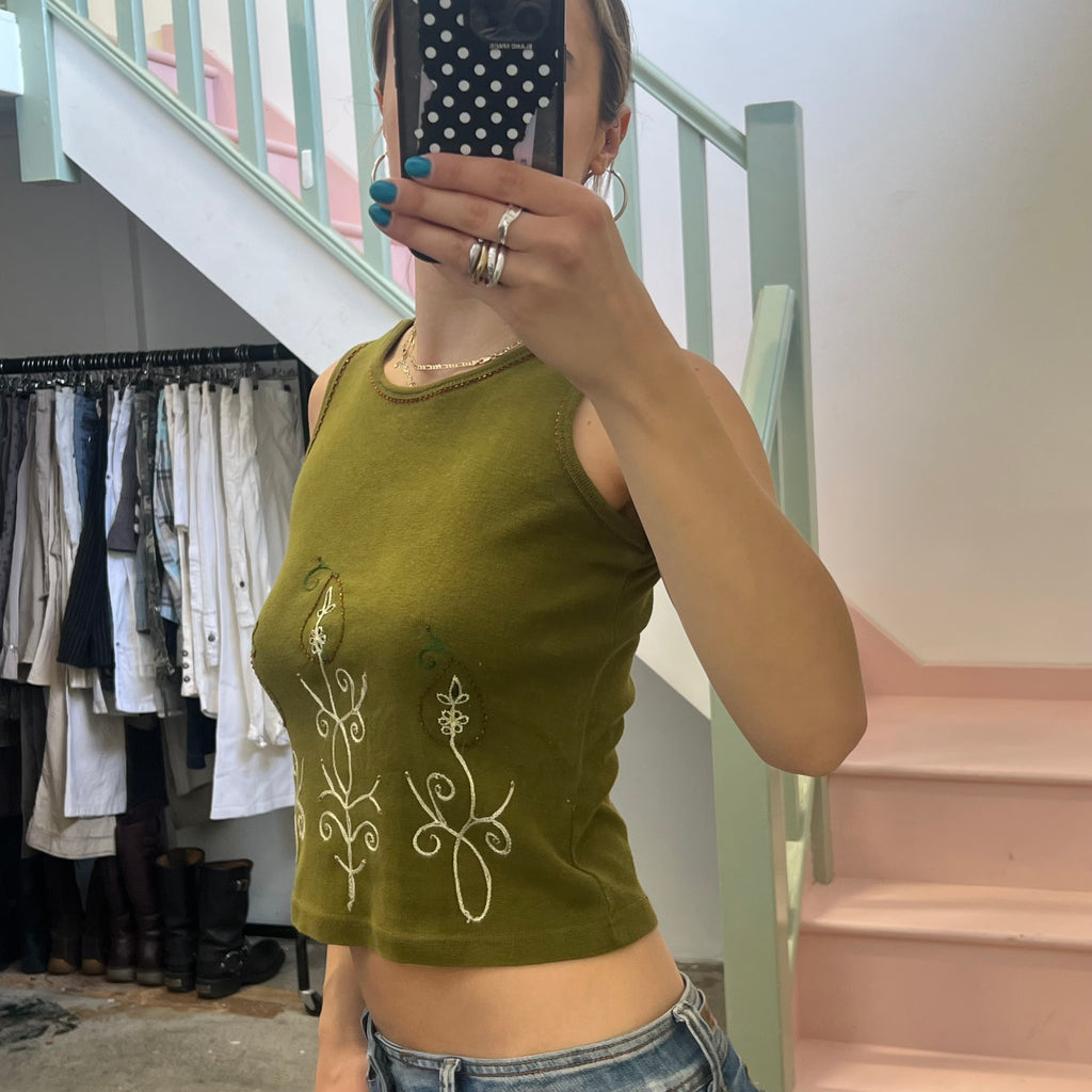 Khaki embroidered vest top
