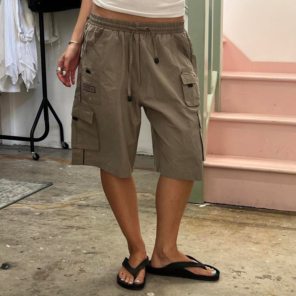 Khaki baggy sporty knee length shorts