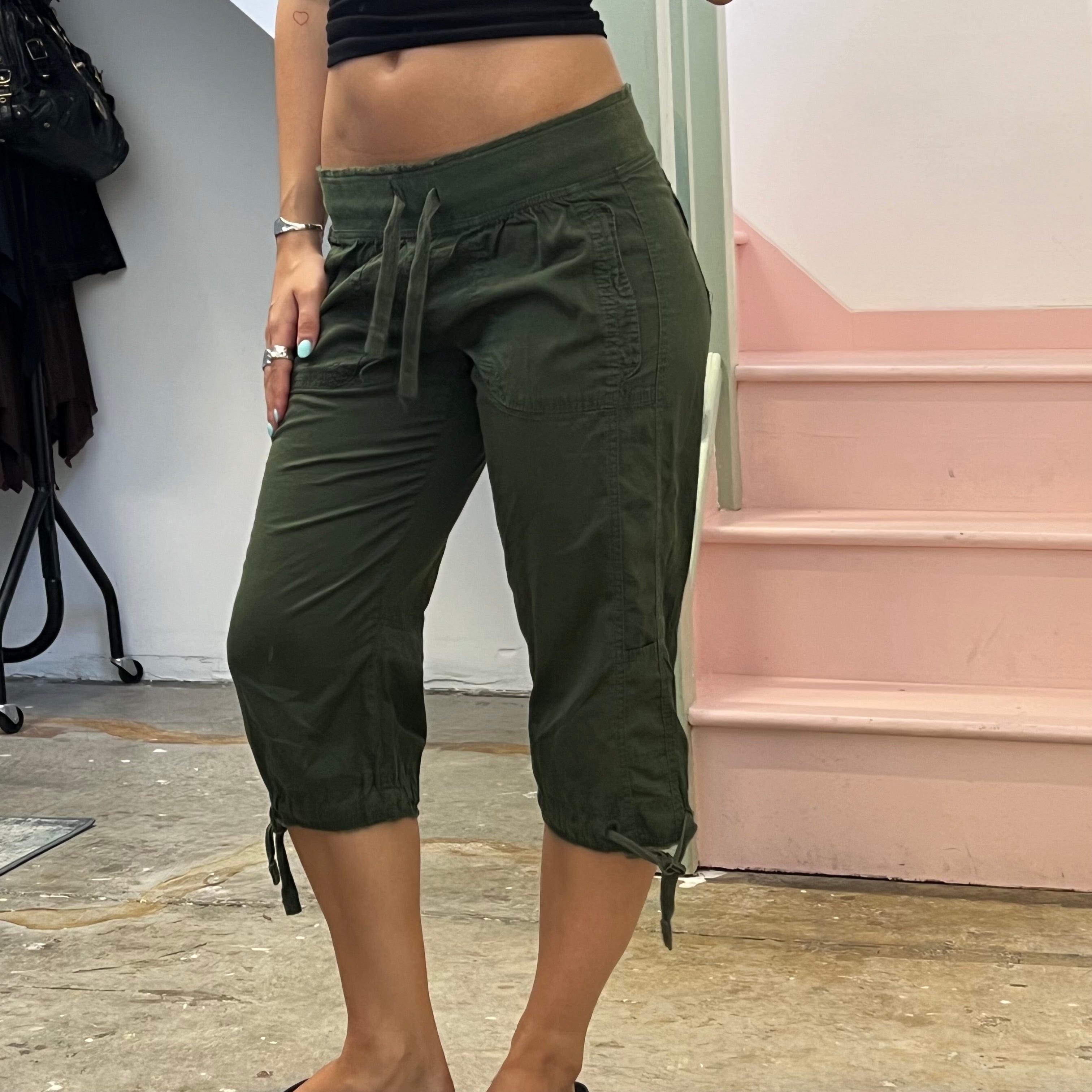 Dark green tie waist cargo capris