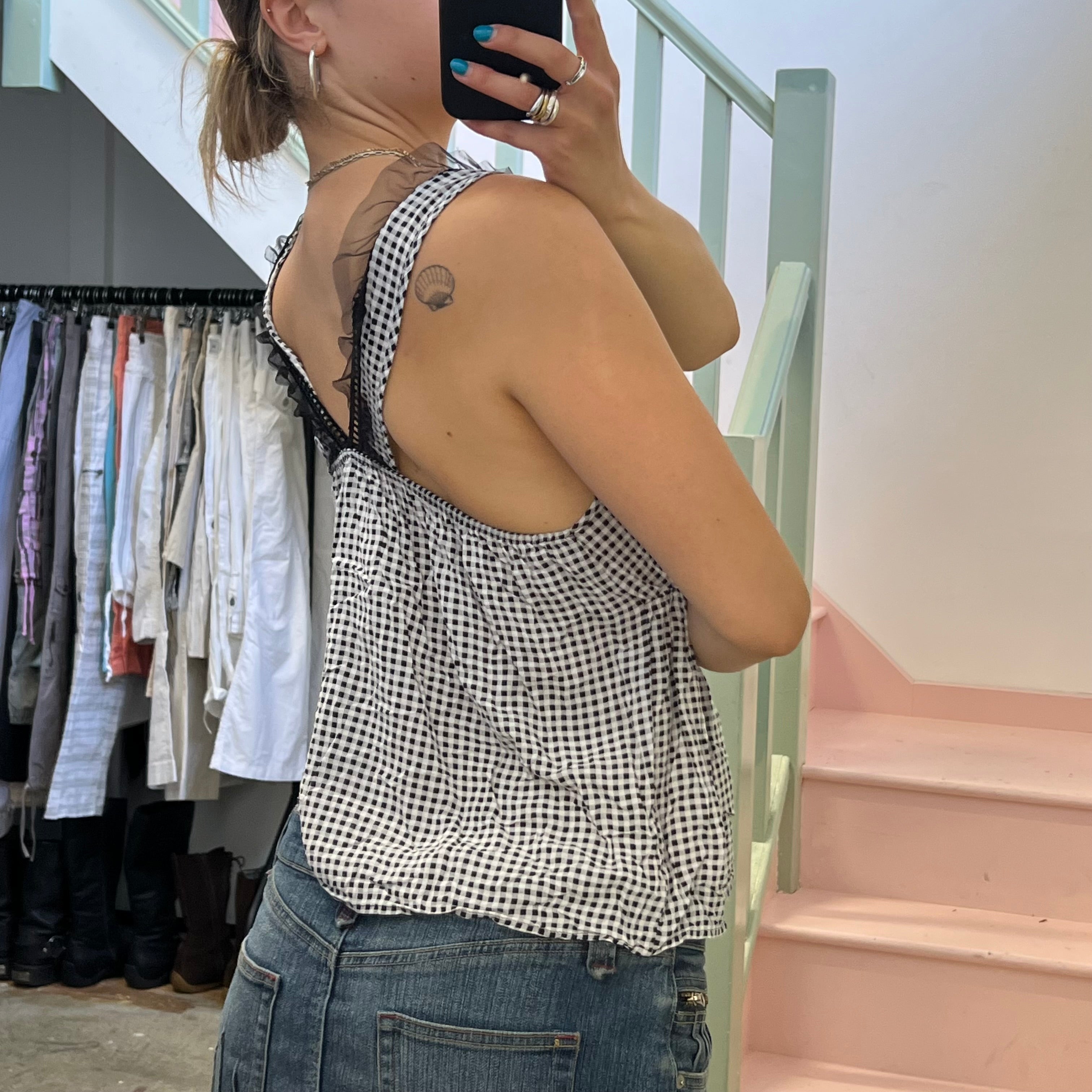 Black and white gingham lace trim vest