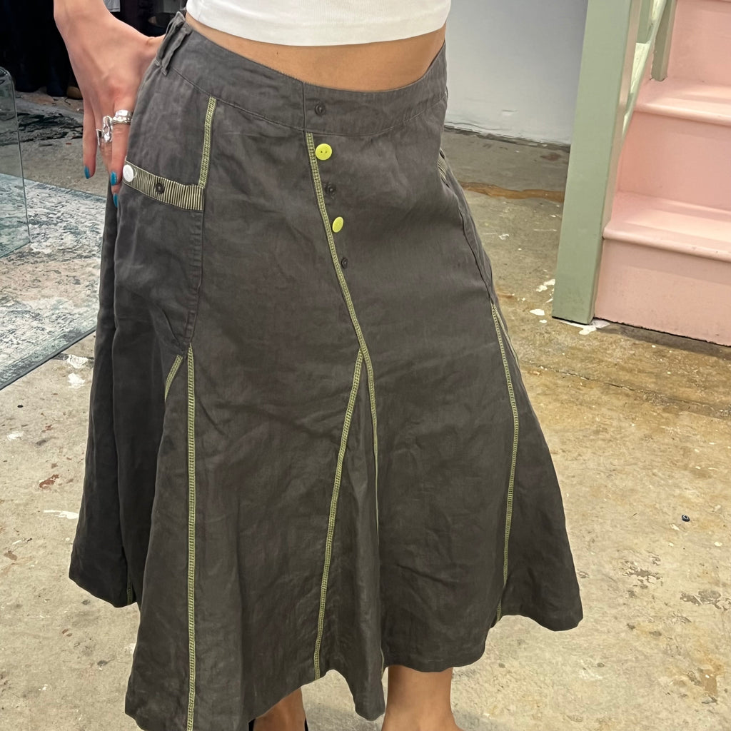 Grey linen utility maxi skirt with green contrast stitching