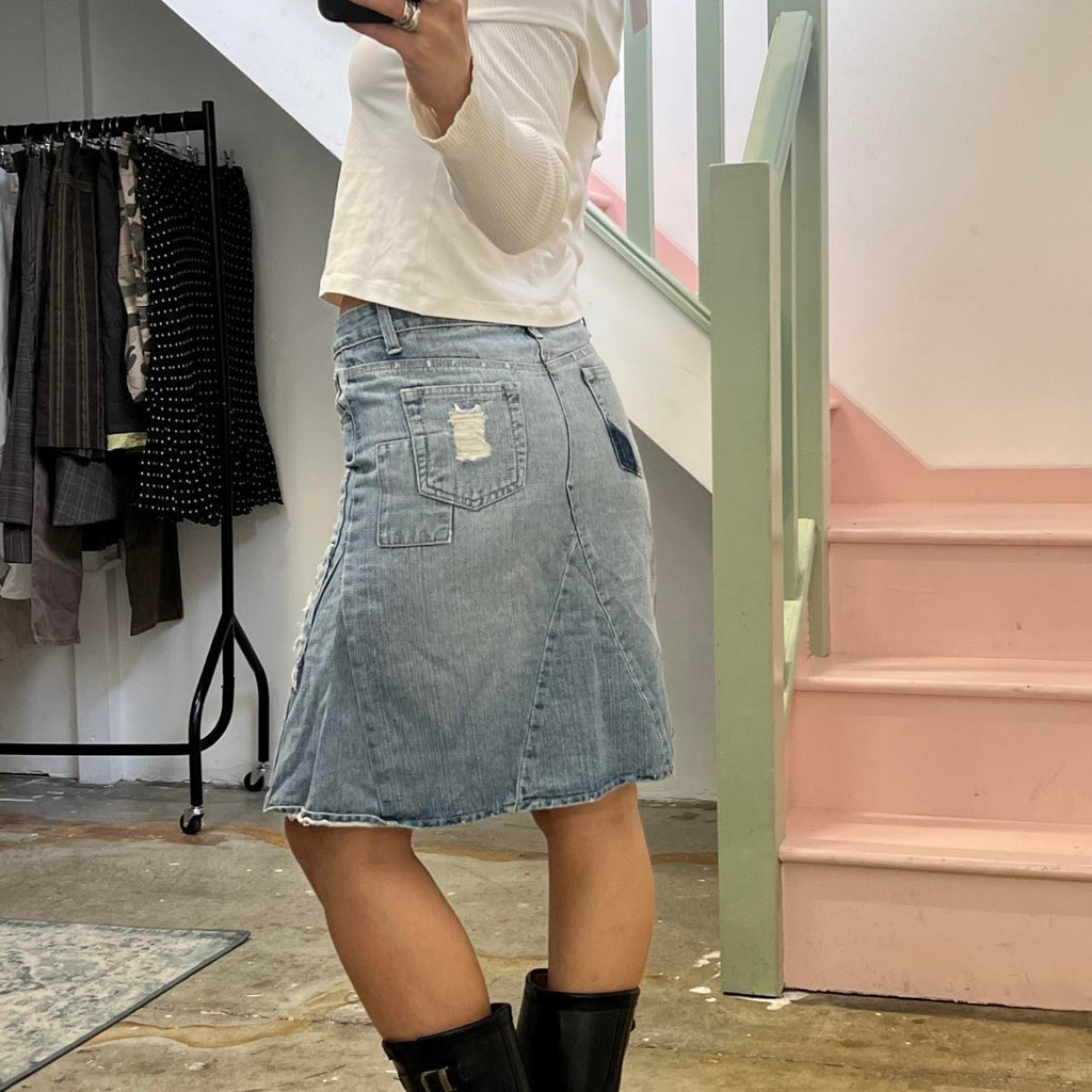 Light wash denim patchwork midi skirt