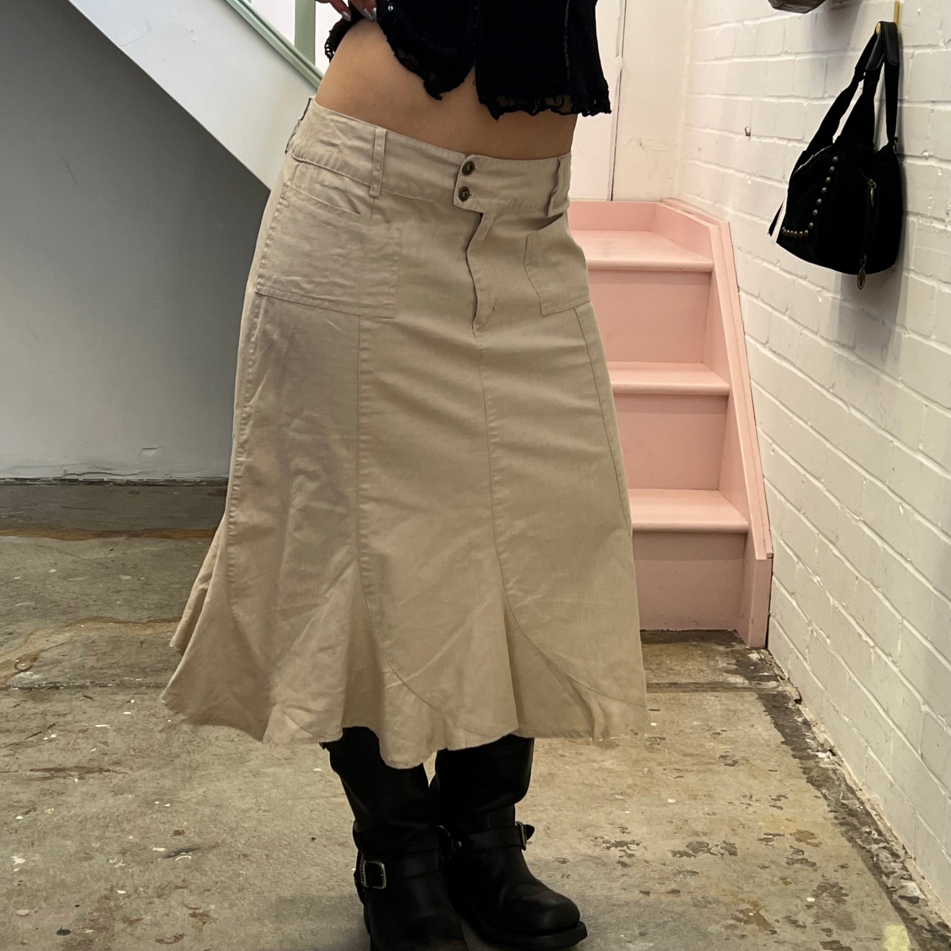 Cream linen pleated tailored maxi skirt