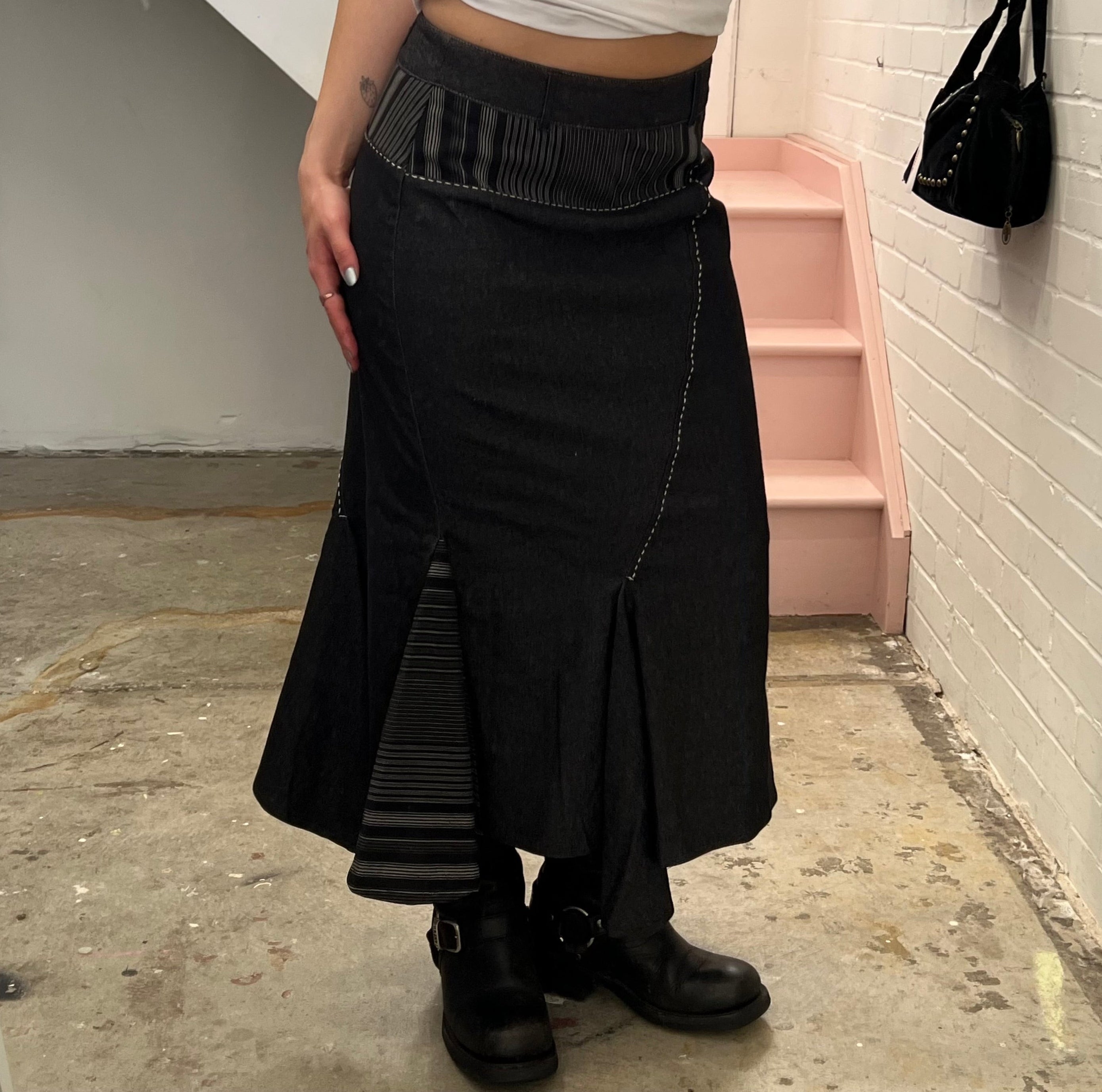 Denim patchwork utility style maxi skirt