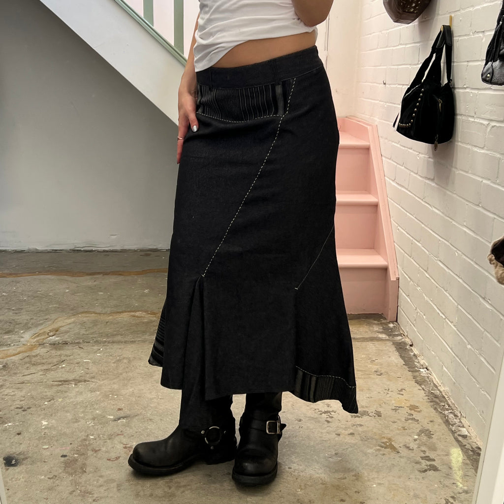 Denim patchwork utility style maxi skirt