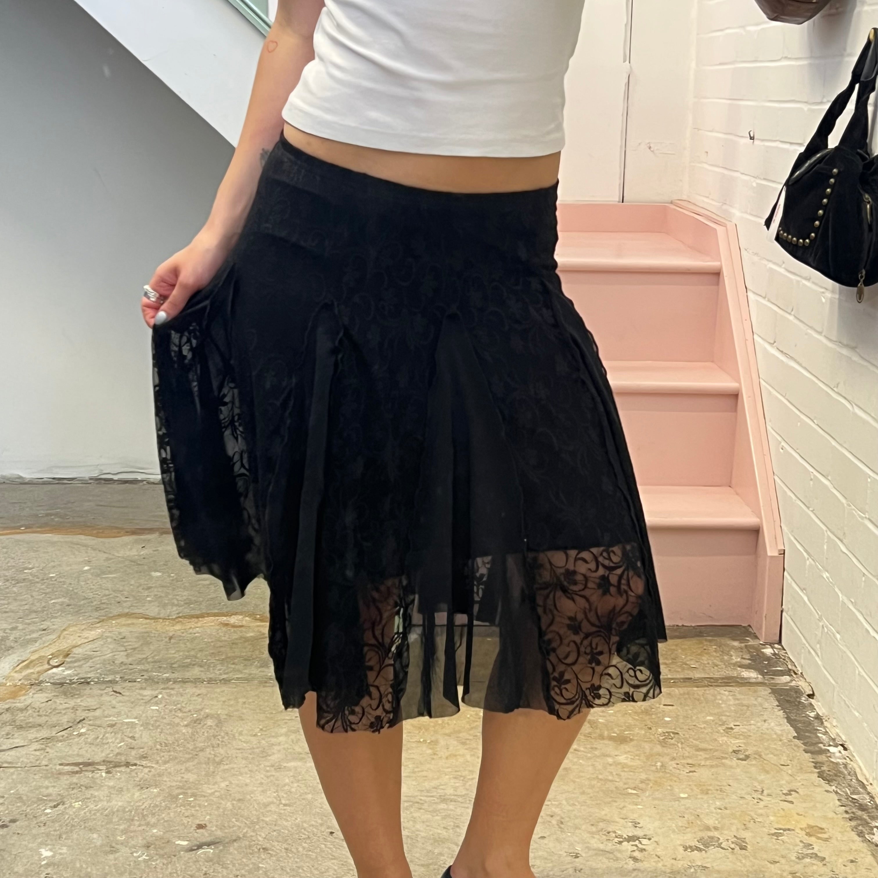 Black lace sheer floaty midi skirt