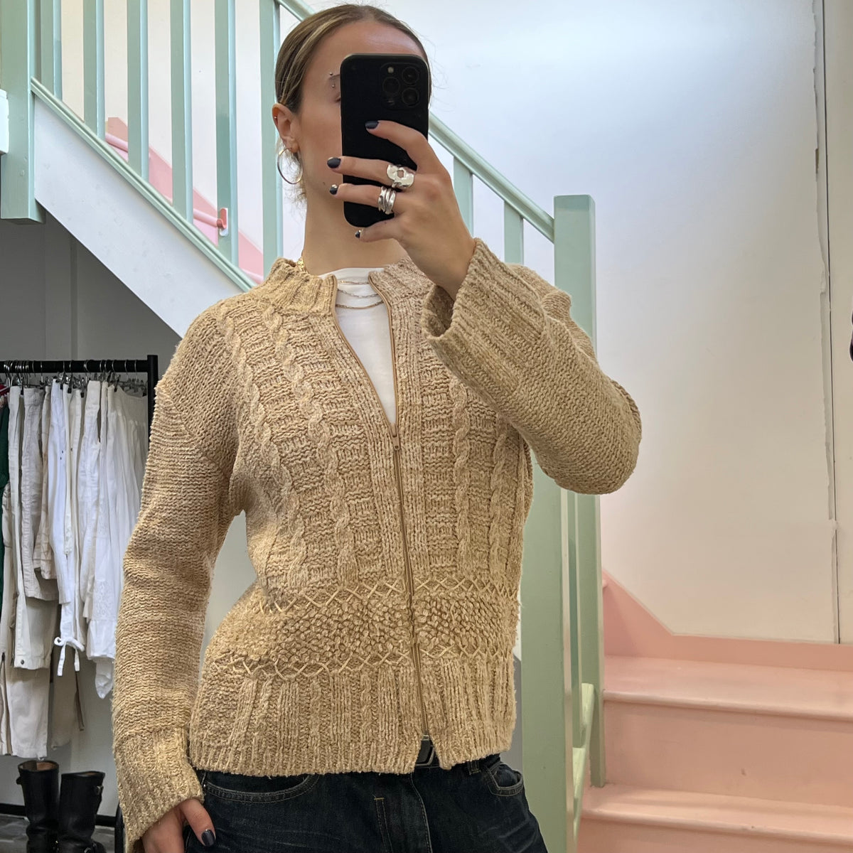 Cream chunky knit zip up cardigan