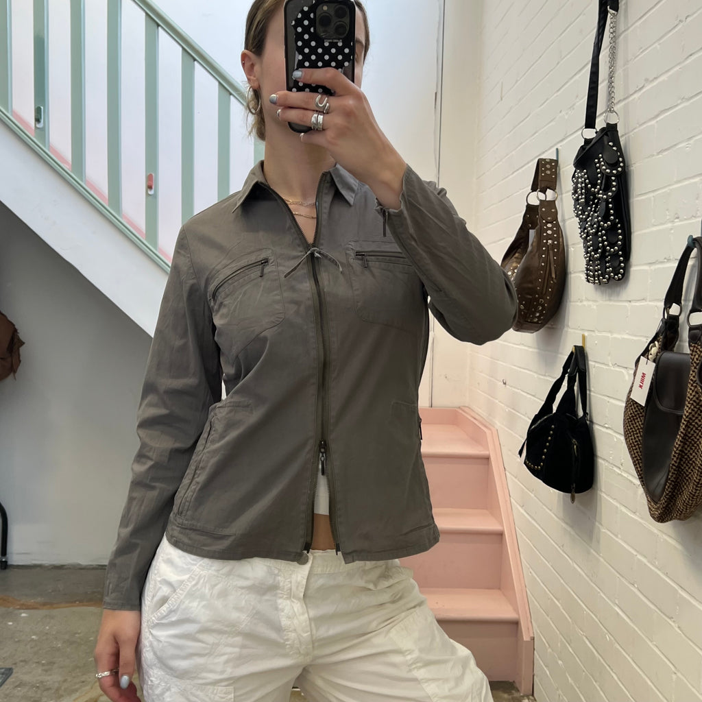 Khaki fitted lightweight zip up jacket