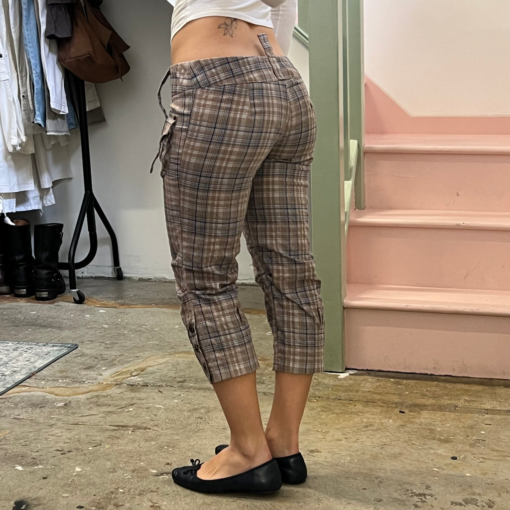 Brown checkered slim fit tailored capris