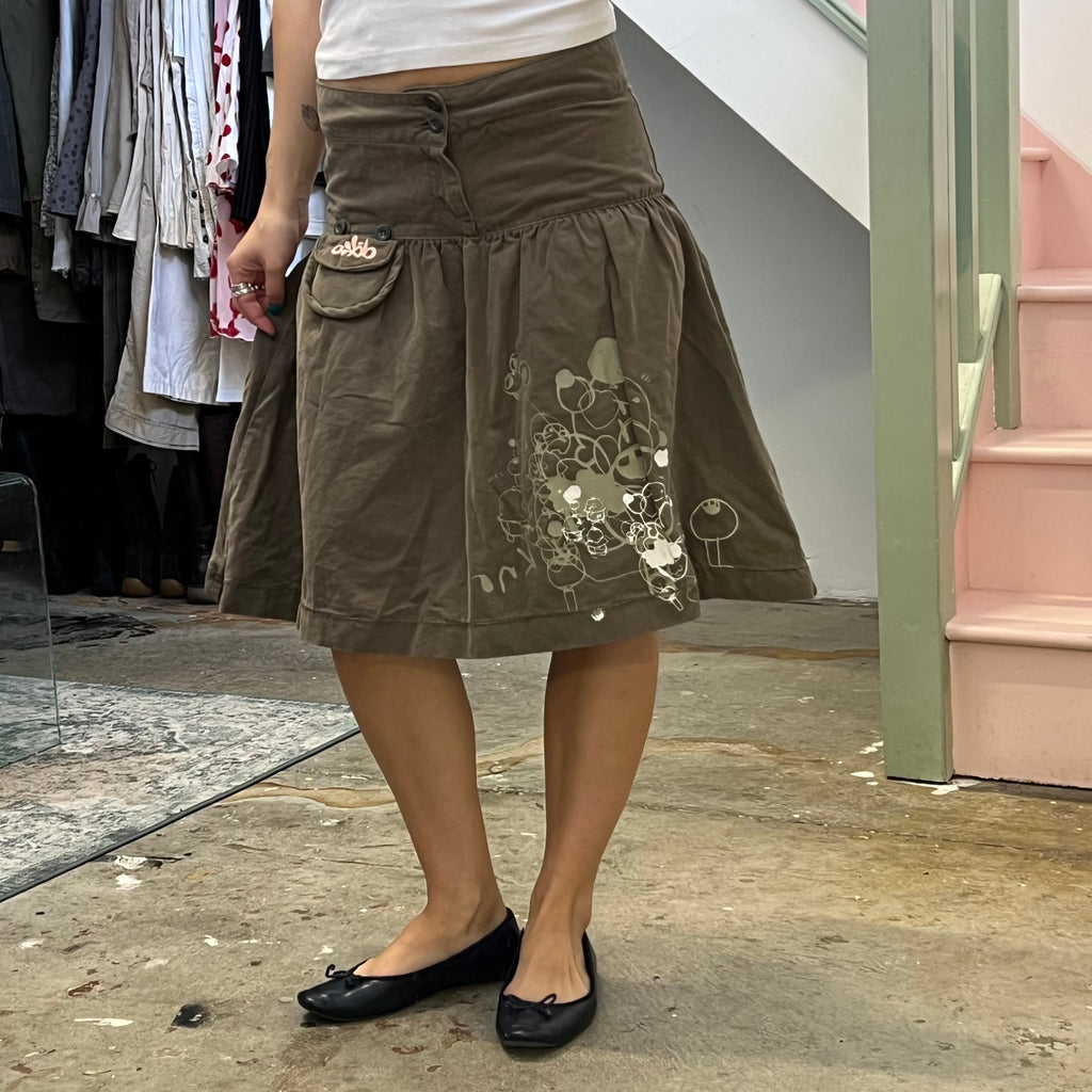 Khaki puffy printed midi skirt
