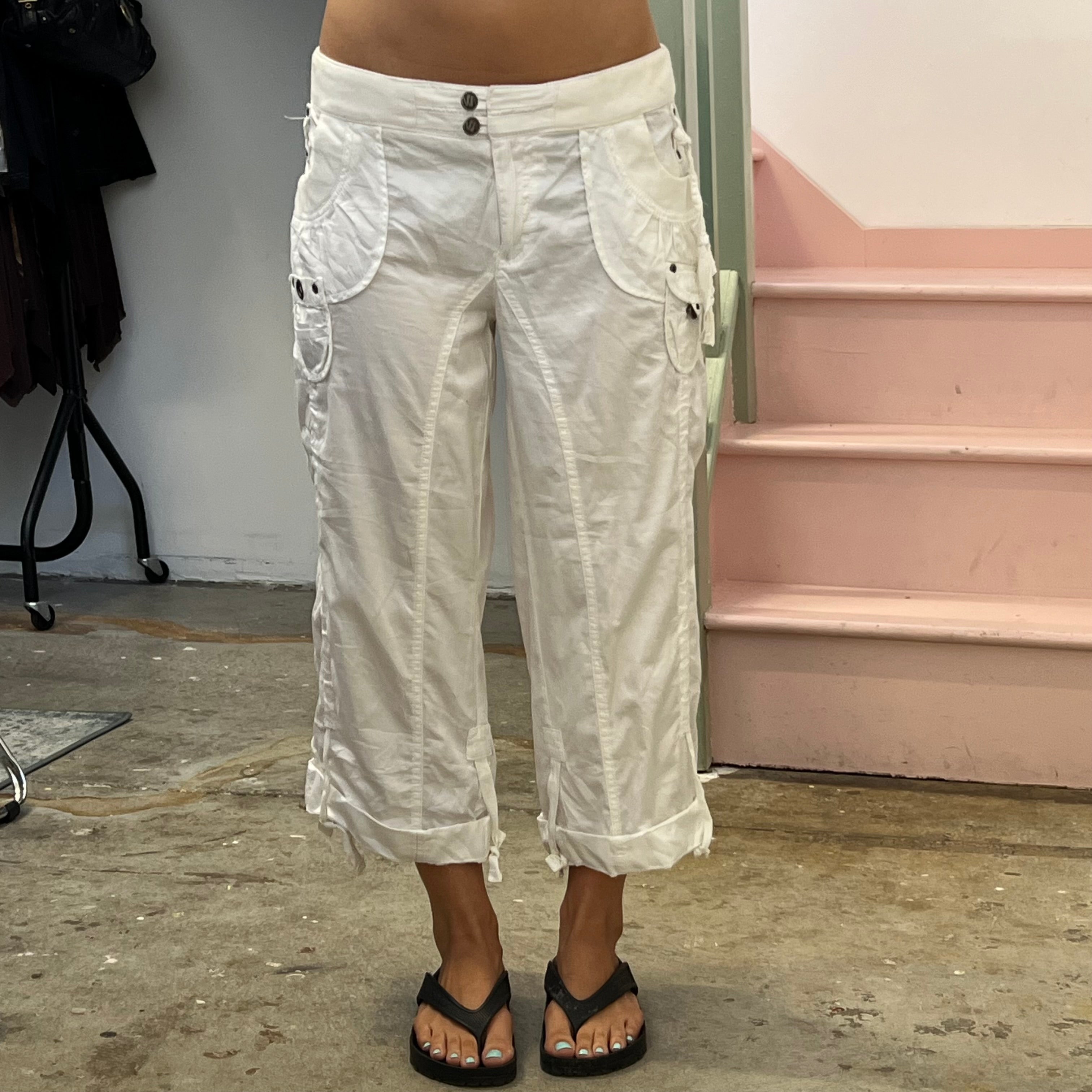 White wide leg baggy cargo capris
