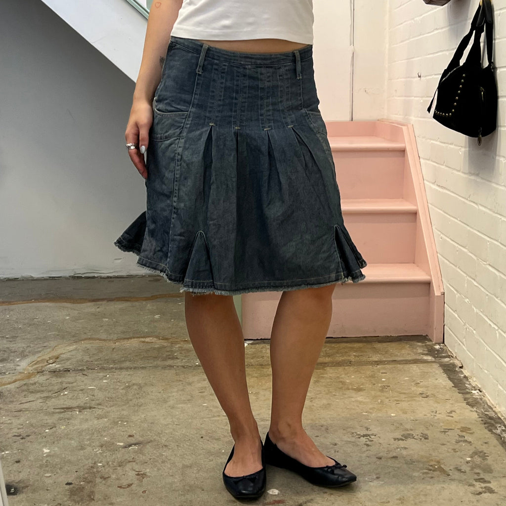 Dark denim pleated midi skirt