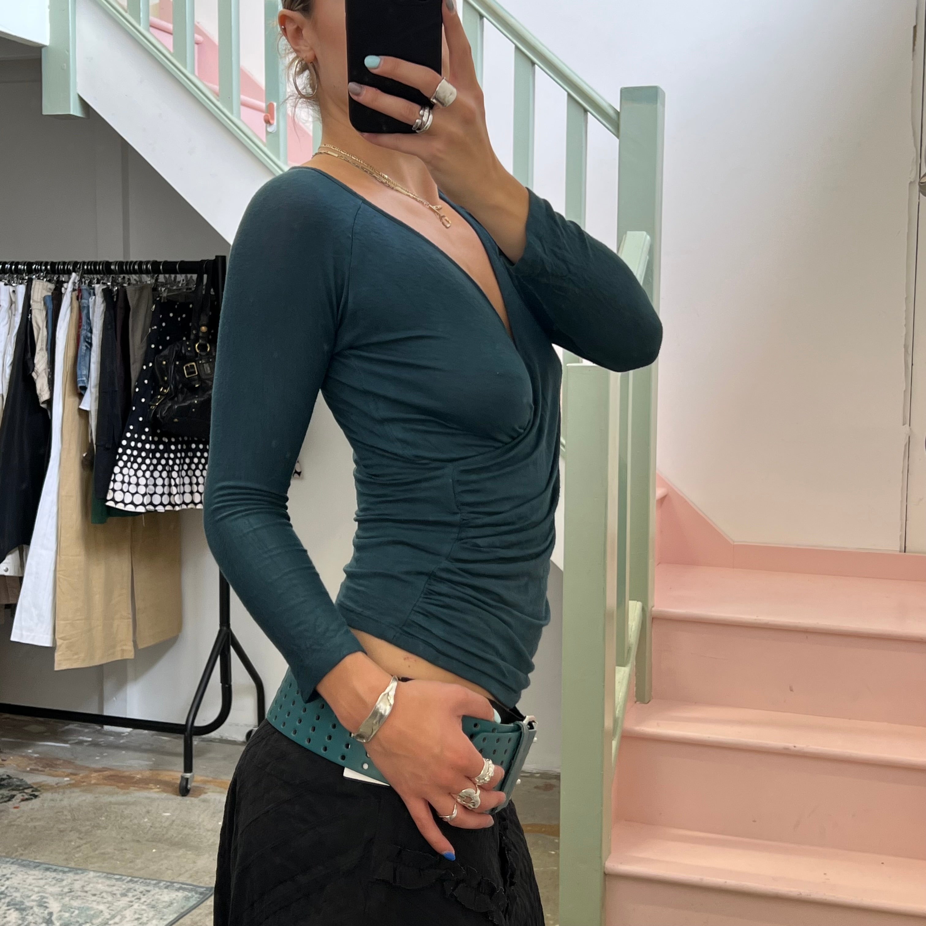 Teal v neck slouchy top