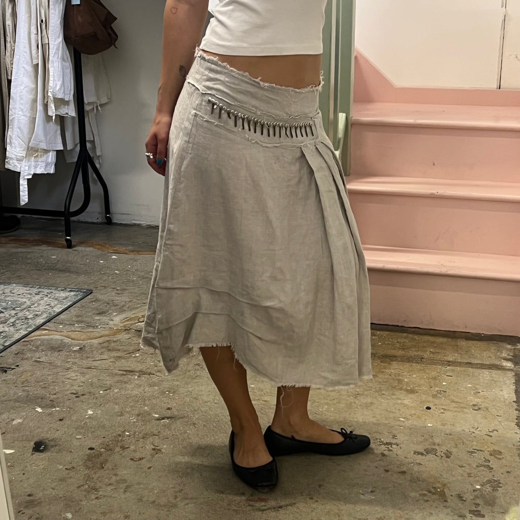 Grey linen asymmetrical beaded maxi skirt