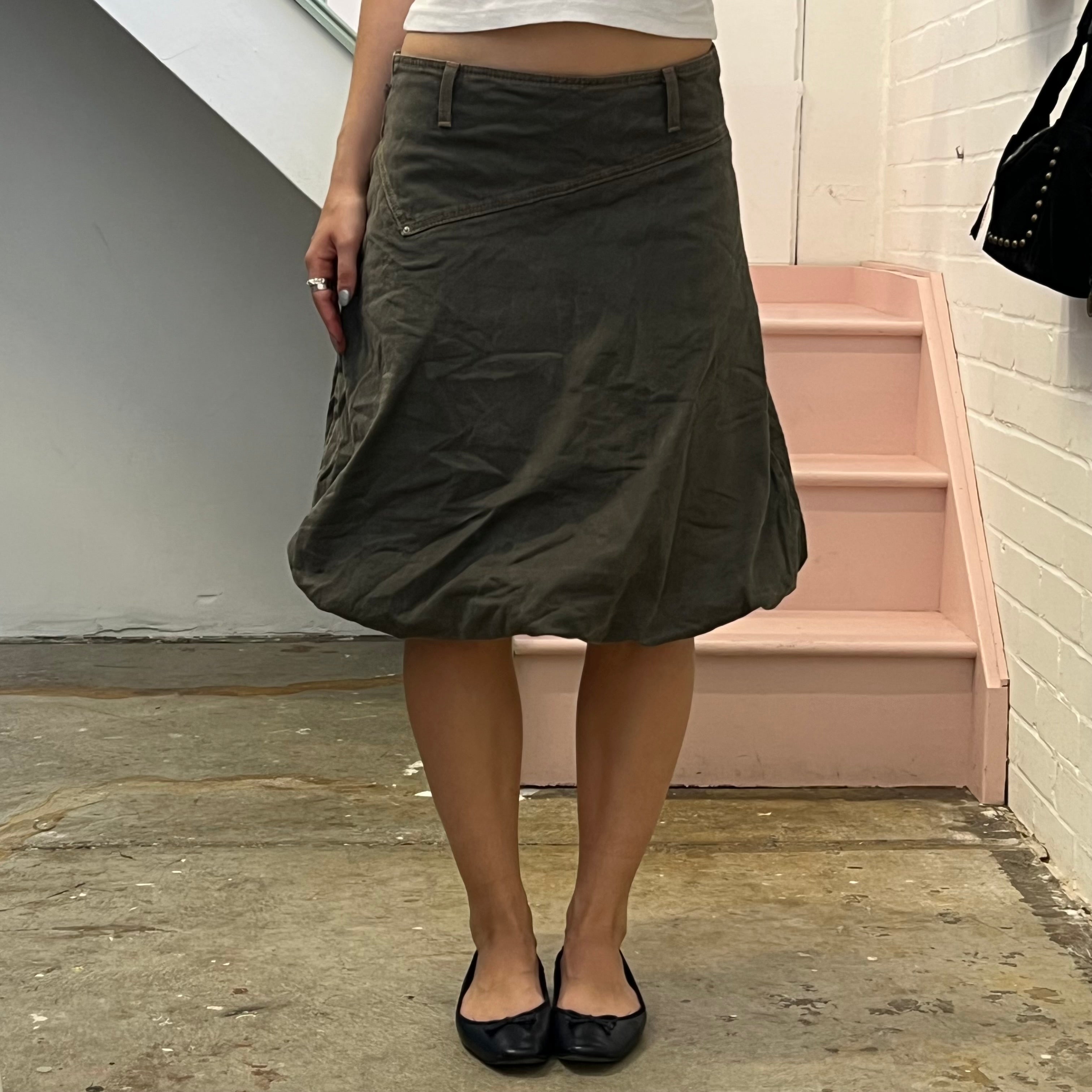 Benetton khaki denim bubble hem midi skirt