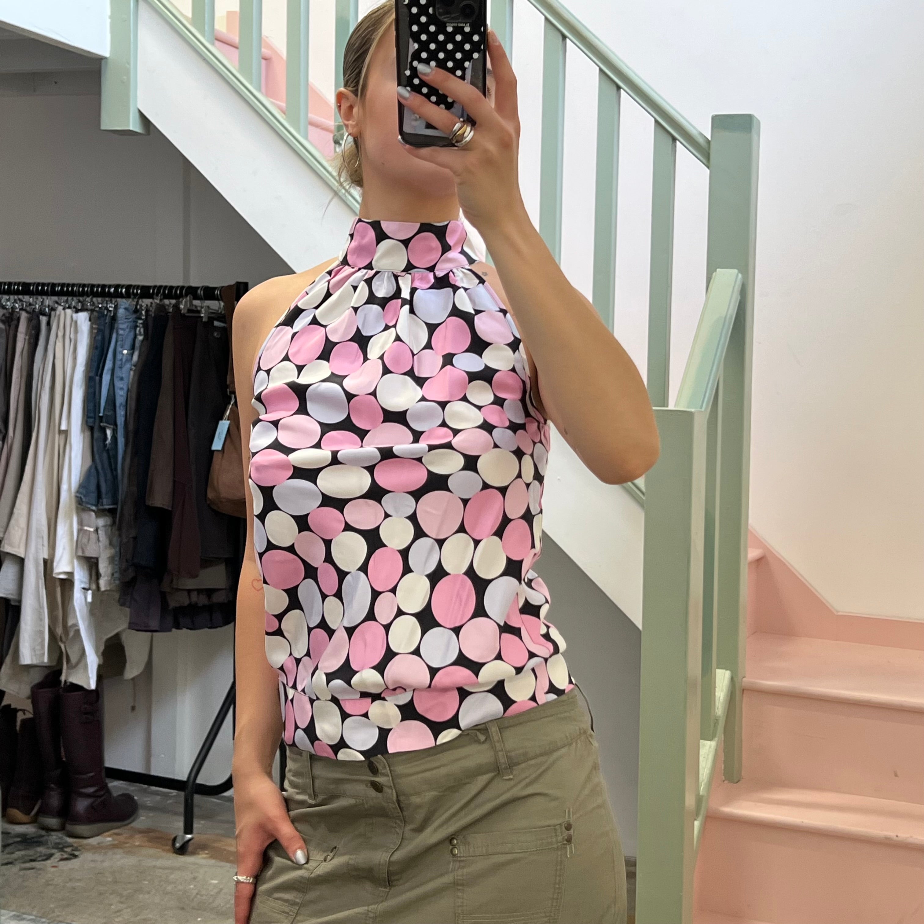 Pastel pink polka dot high neck vest