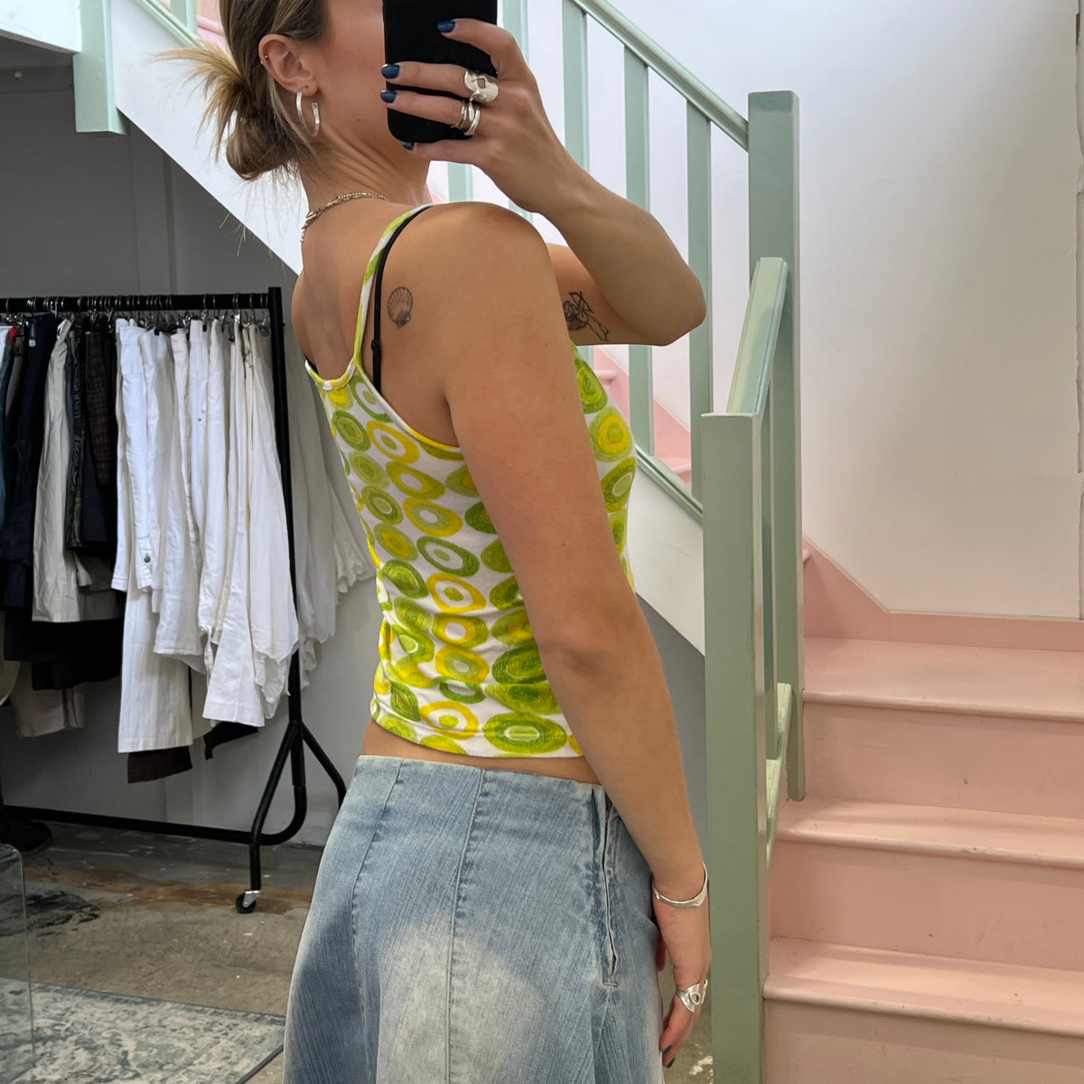 Green and yellow geo print cami