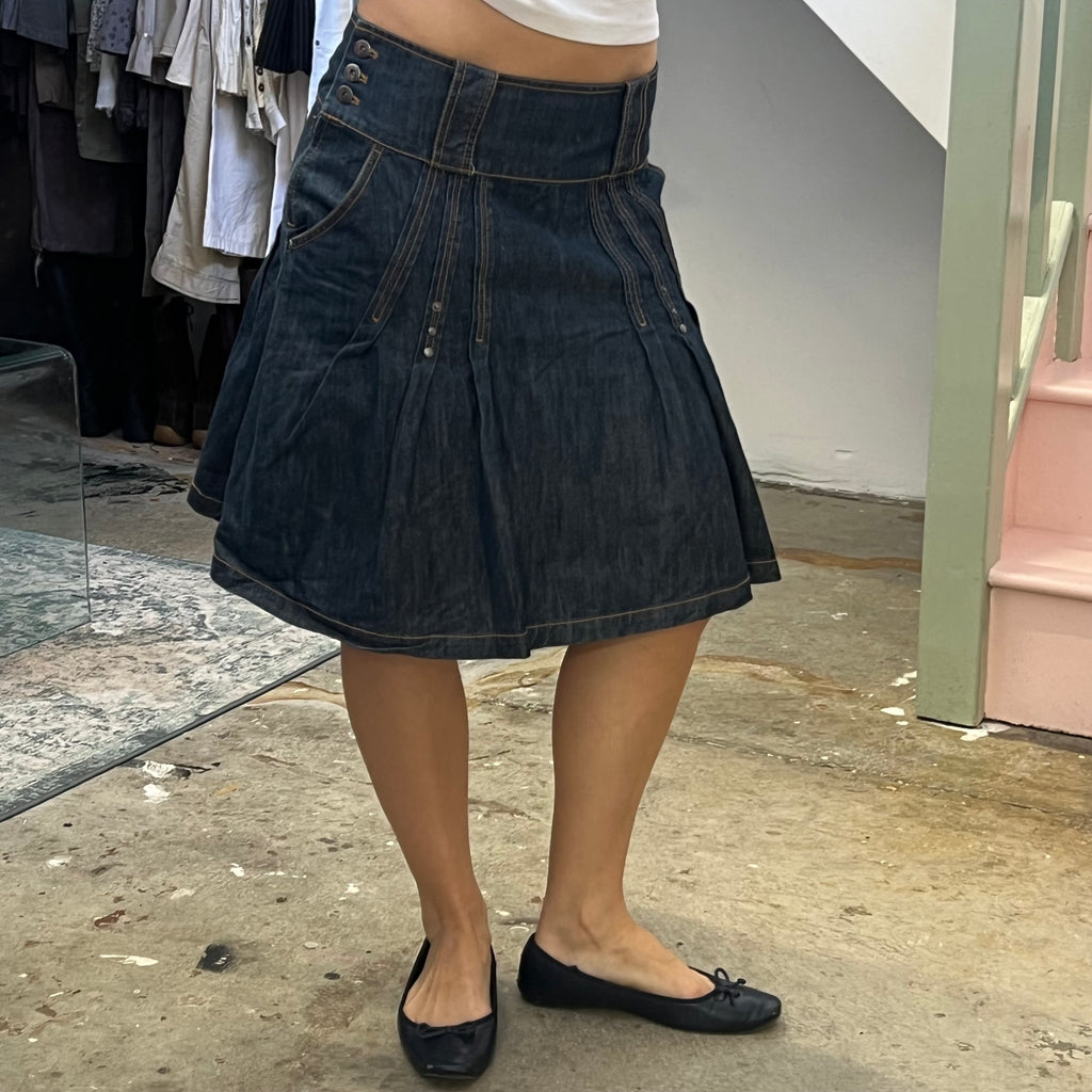 Dark wash denim pleated midi skirt