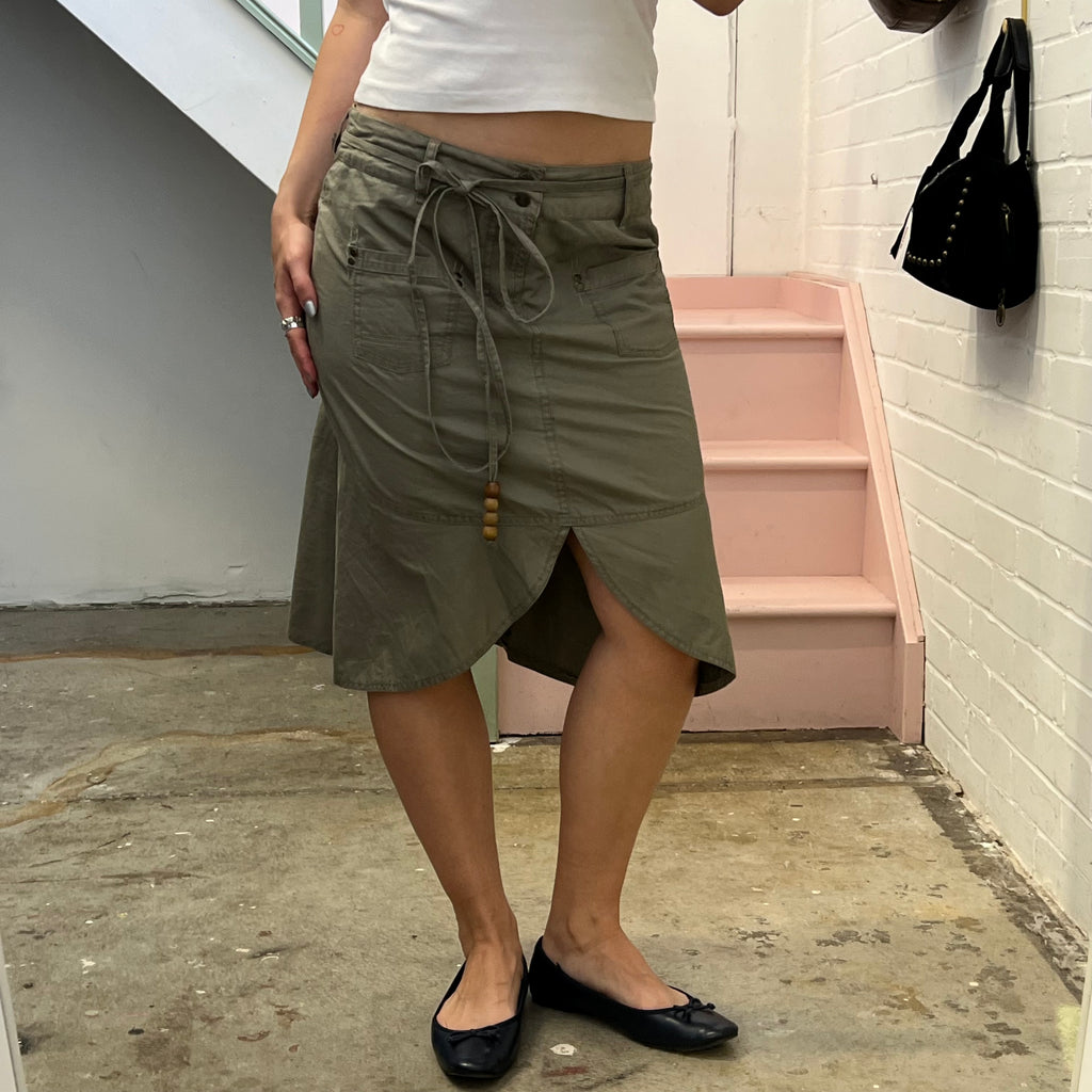 Khaki asymmetrical midi skirt with tie waist