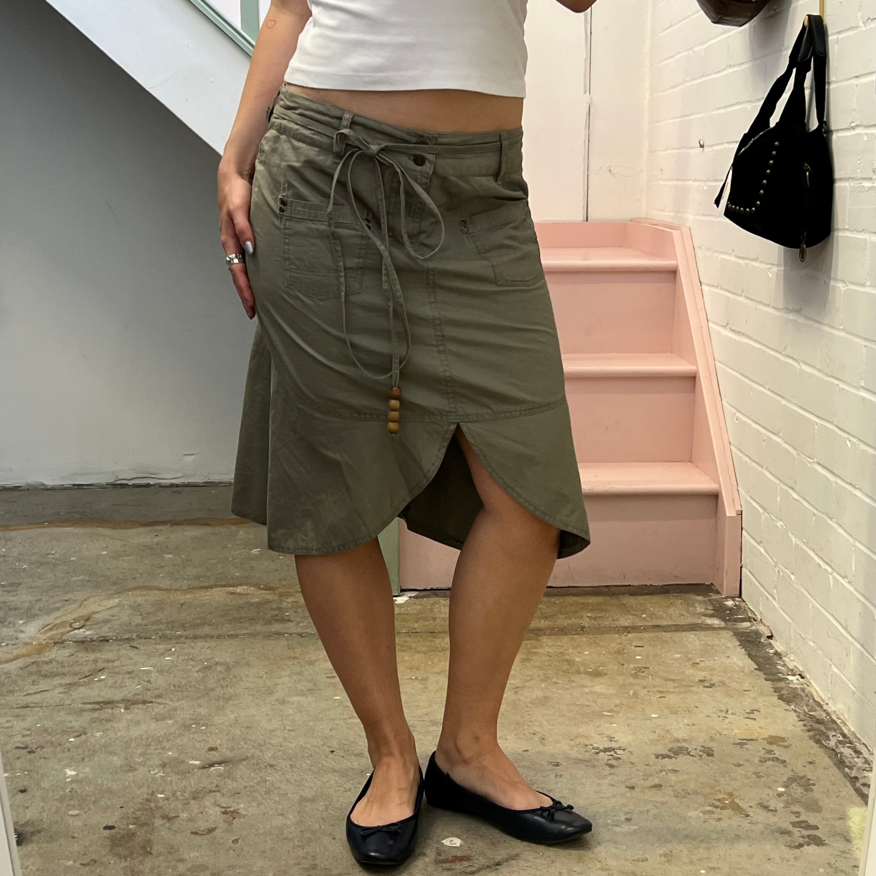 Khaki asymmetrical midi skirt with tie waist