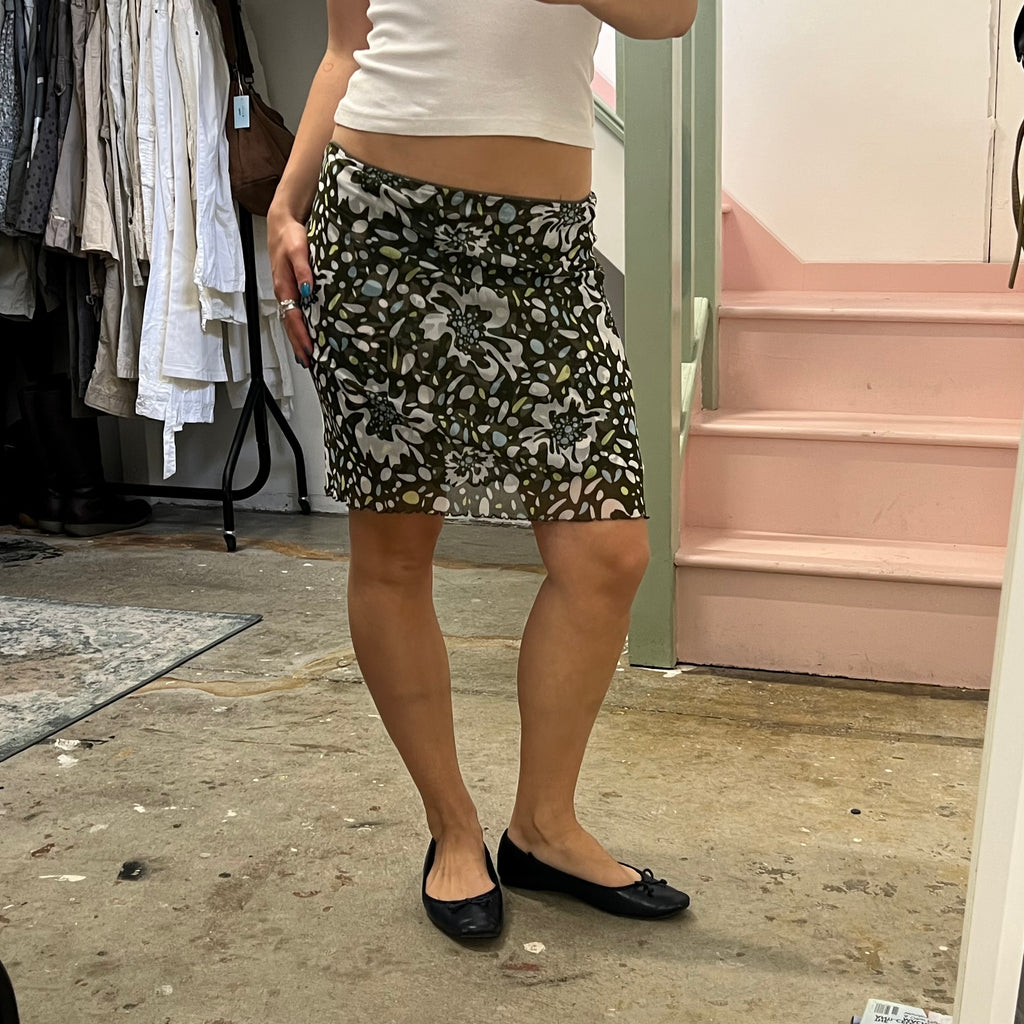 Khaki printed mesh knee high skirt